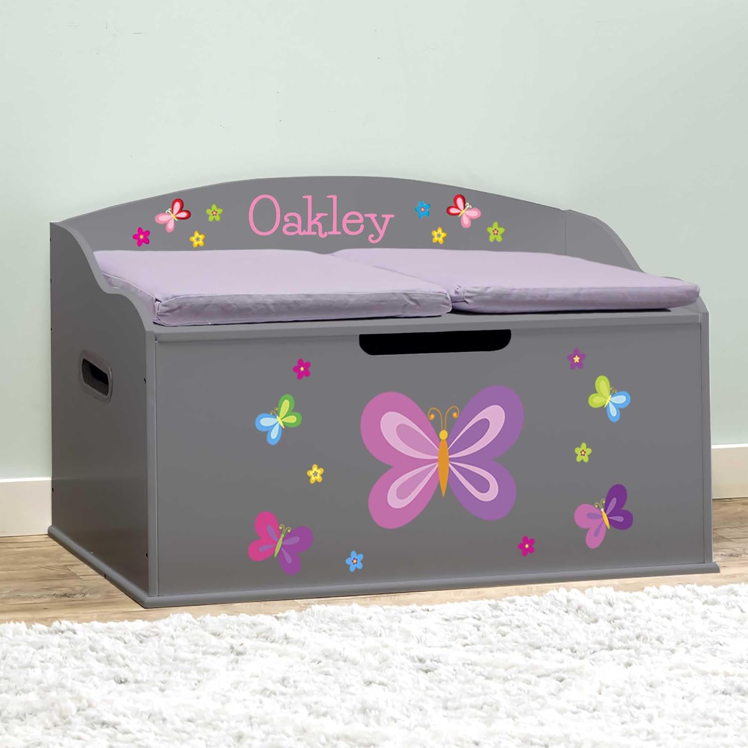 DIBSIES Personalized Creative Wonders Toy Box, Butterflies & Flowers, 30 x 19.25 x 18 inches, Soft-Close Lid (White)