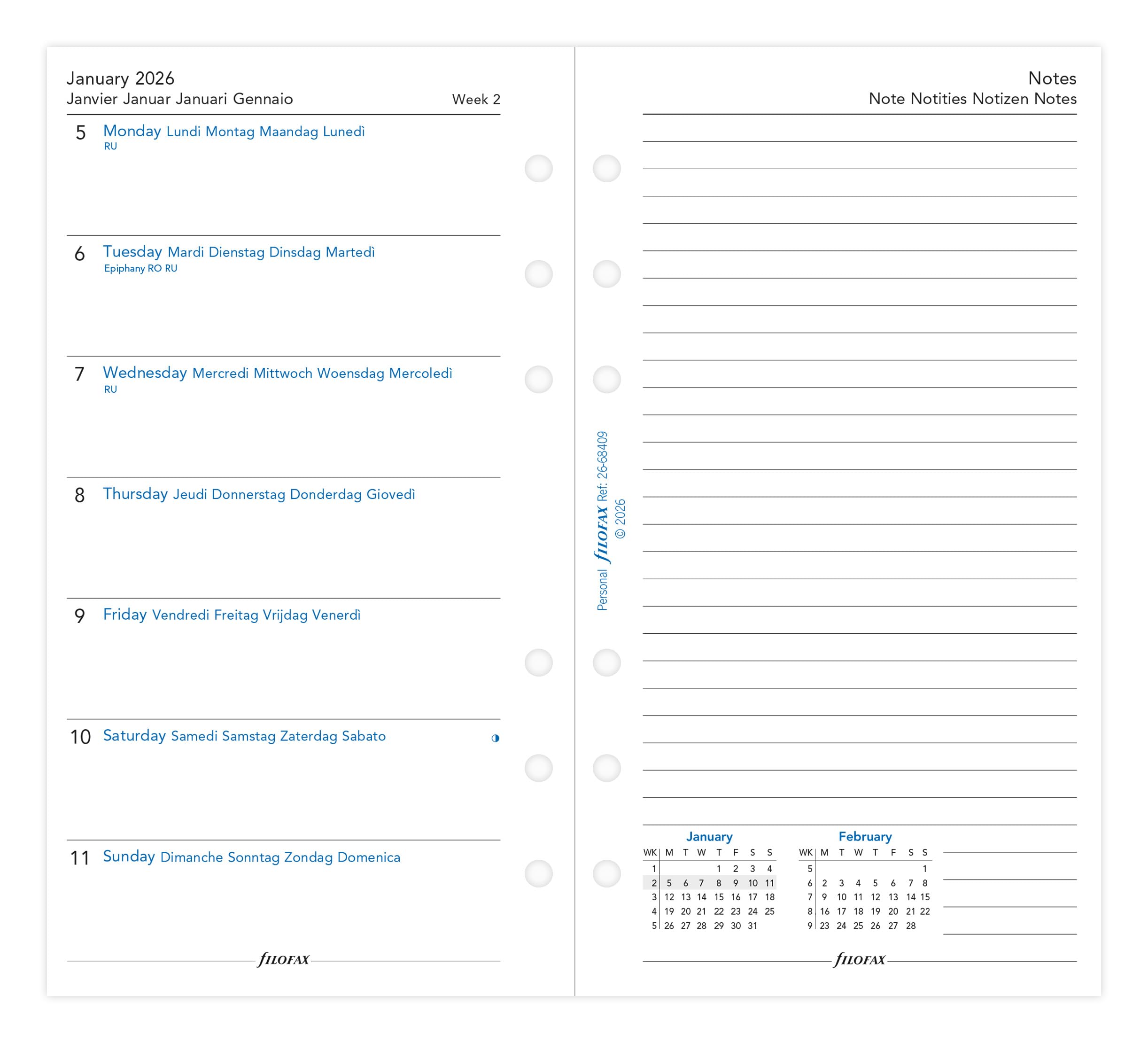 Filofax Personal week per page with notes 5 language 2026 diary 26-68409, White, 95 x 171 mm - Image 2