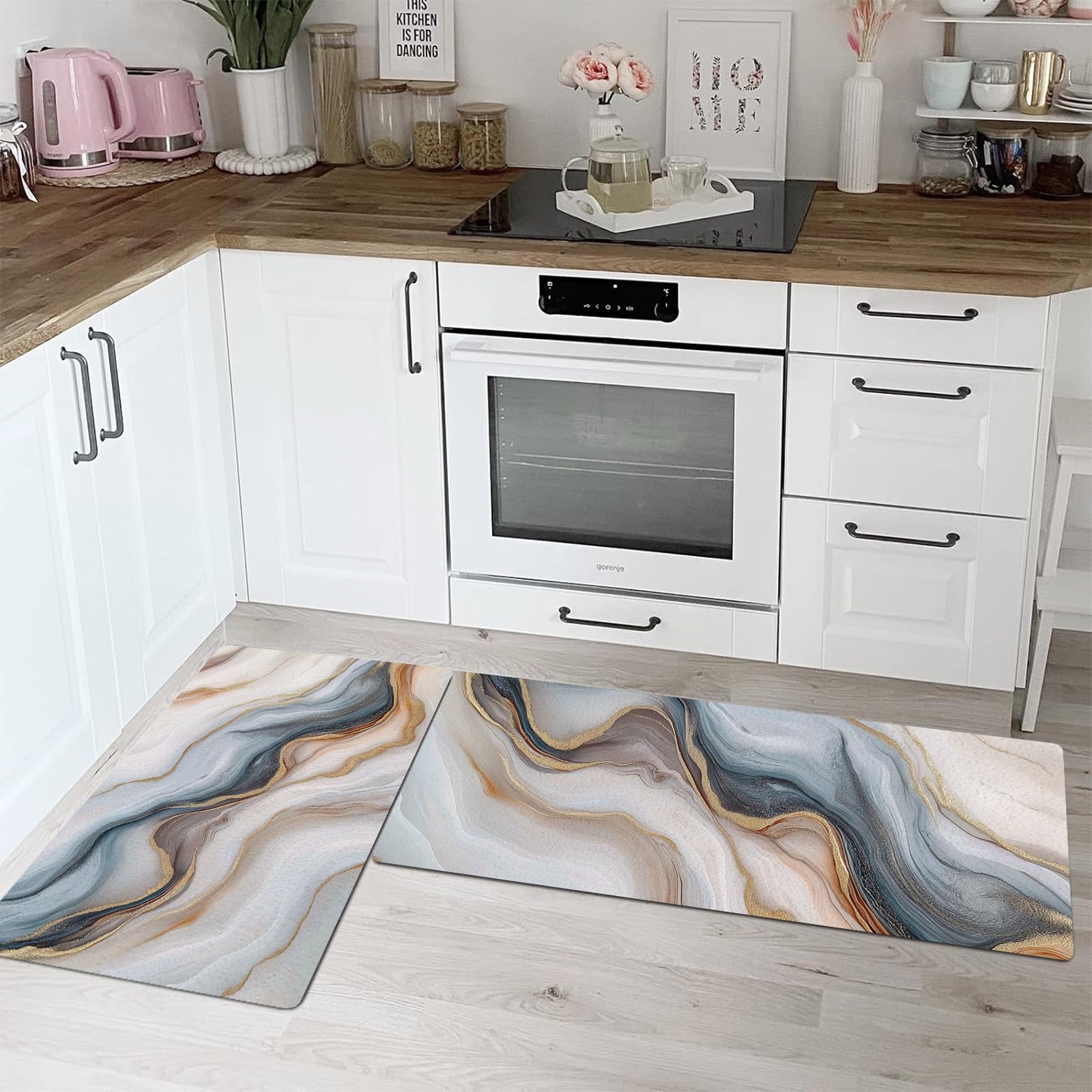 Tapis de cuisine lavable lot de 2 marbre gris blanc antidérapant