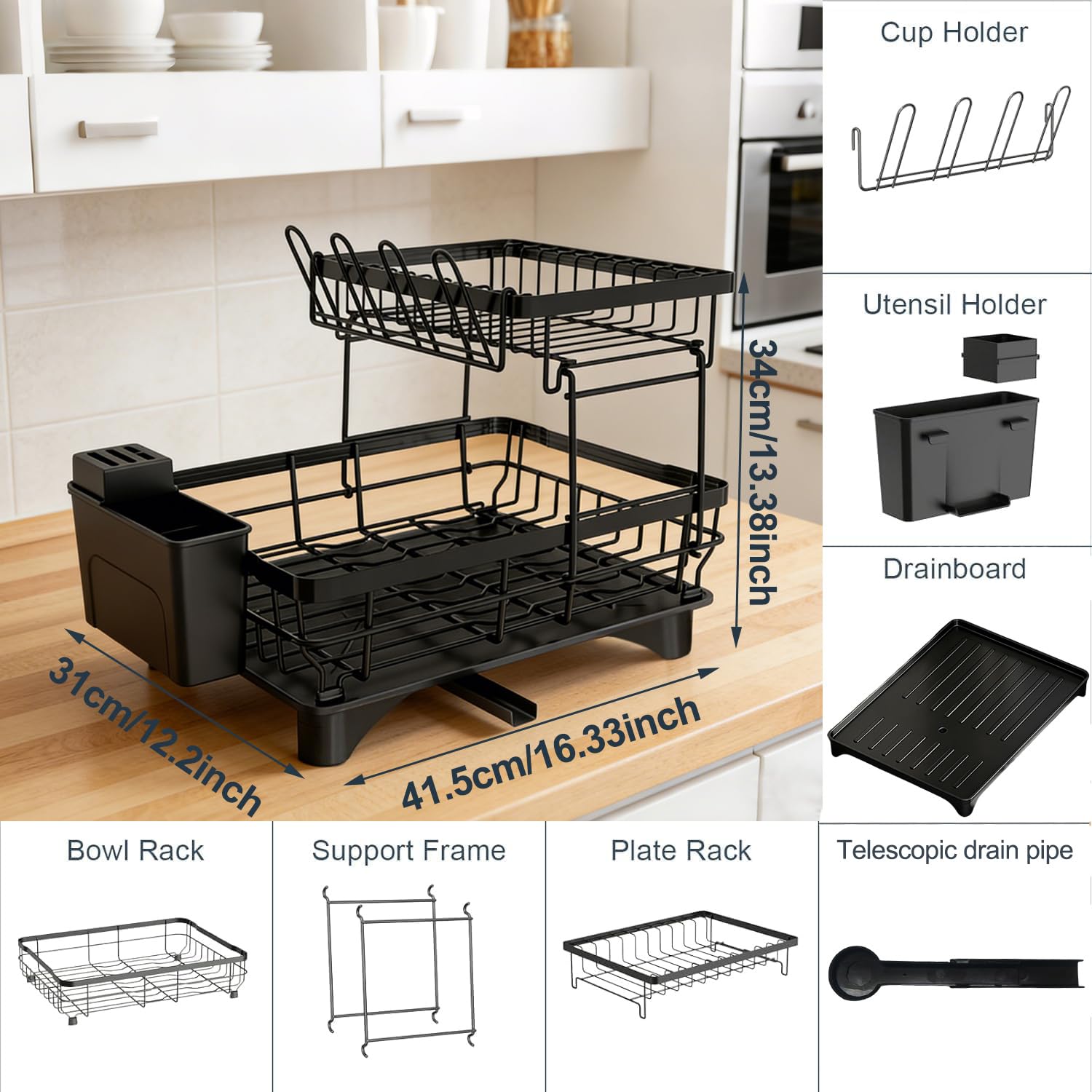 Escurridor de platos de 2 niveles con soporte para cubiertos, bandeja de goteo y salida de agua de 360°, ahorra espacio para platos y tazas de cocina (negro)