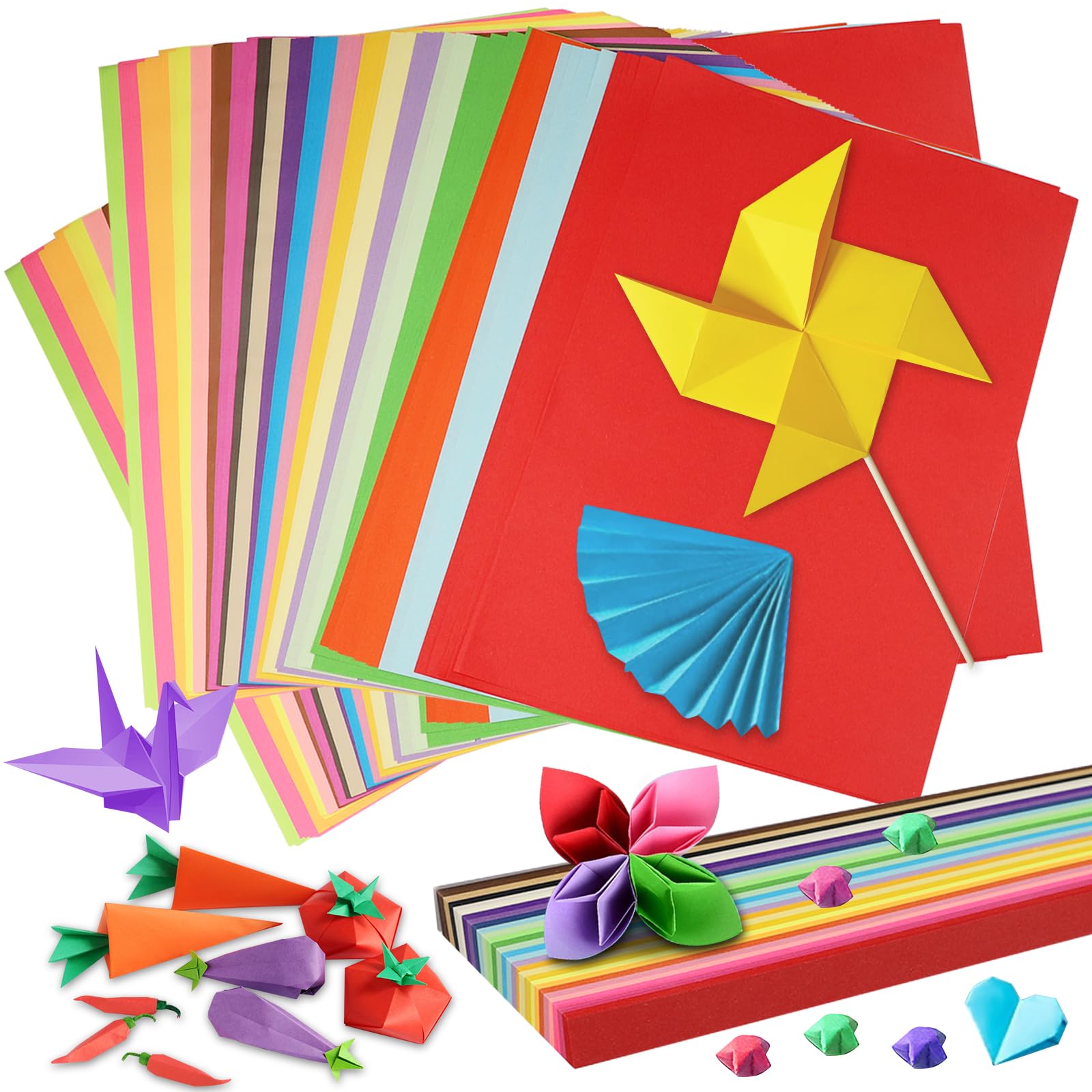 Papel de origami A4, 100 hojas, 20 colores vivos (5 hojas por color), 70 g/m², papel plegable de doble cara + 640 tiras de papel para estrellas, ideal para manualidades, bricolaje, niños y adultos