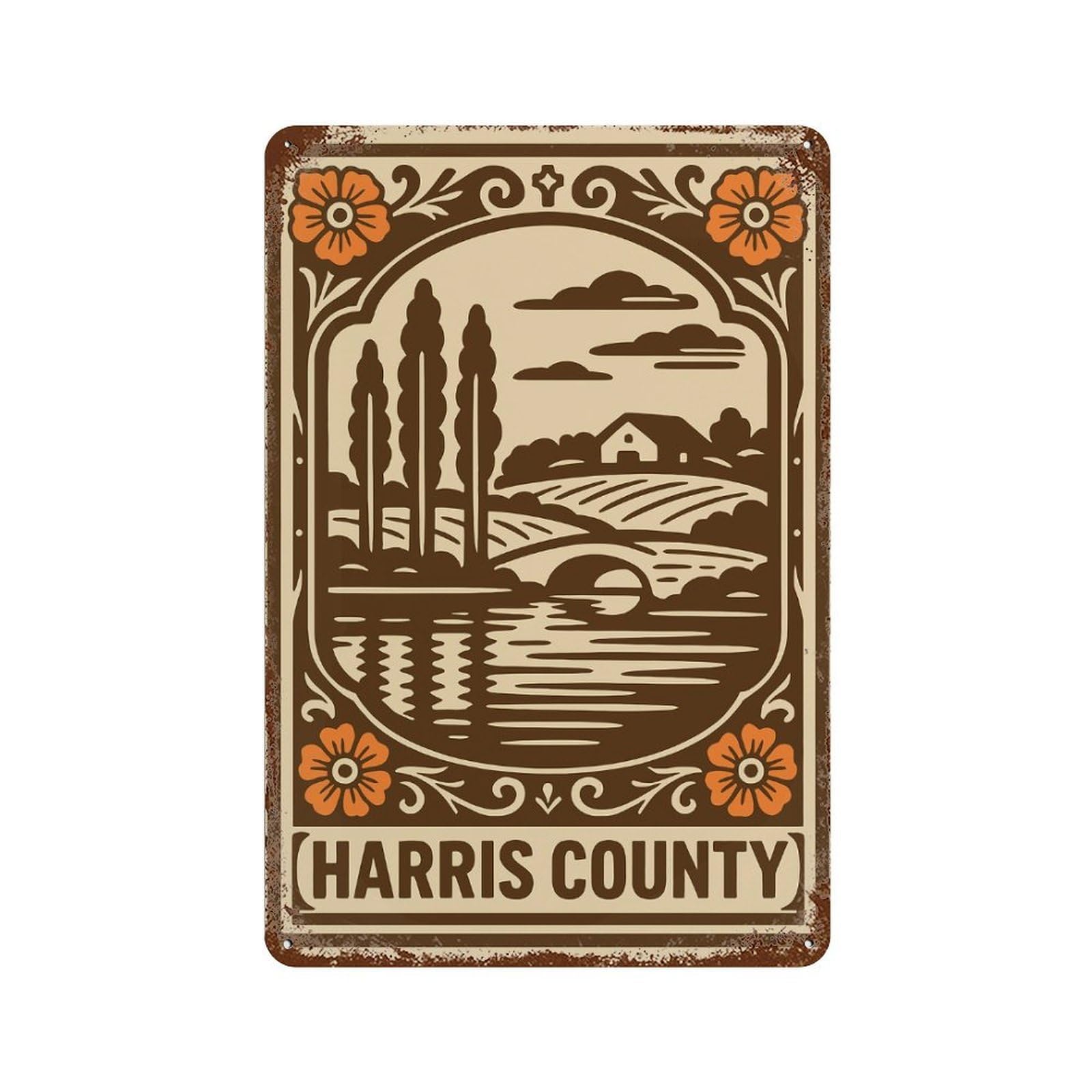Harris County Landscape Illustration Rust Effect Tin Sign 11.8"x7.9", Rustic Home Decor for Cafe, Home Bar And Lounge Decor