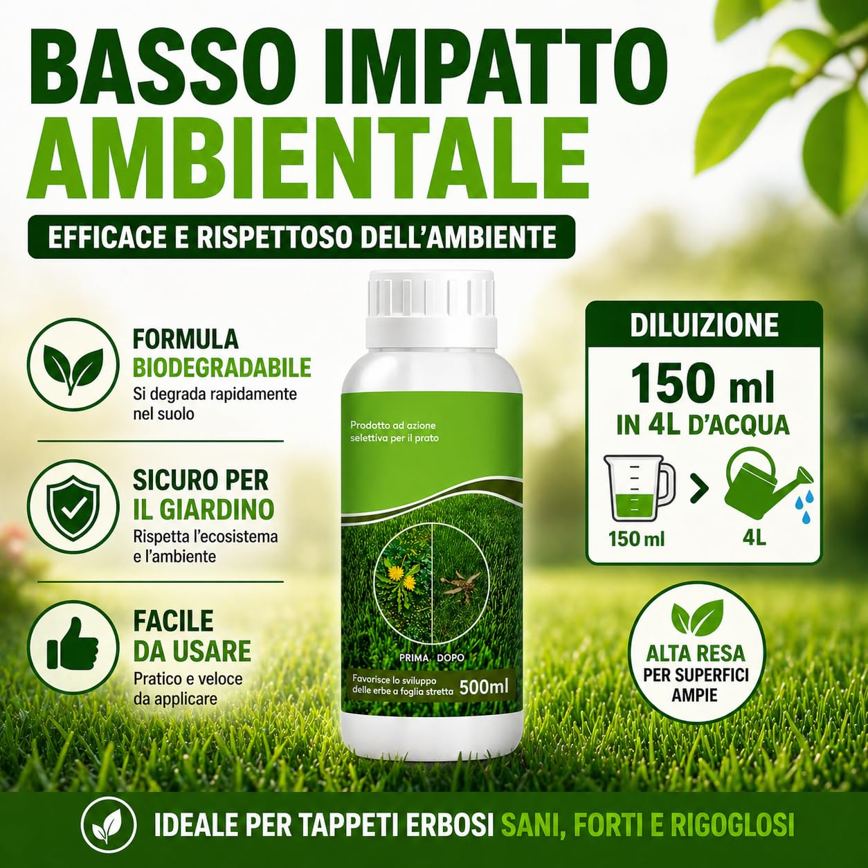 Diserbante Naturale Selettivo e Rinverdente Prato 500ml - Erbicida Foglia Larga per Tappeto Erboso - Ferro Chelato HEDTA Azione Rapida - Concime Liquido contro Infestanti e Muschio