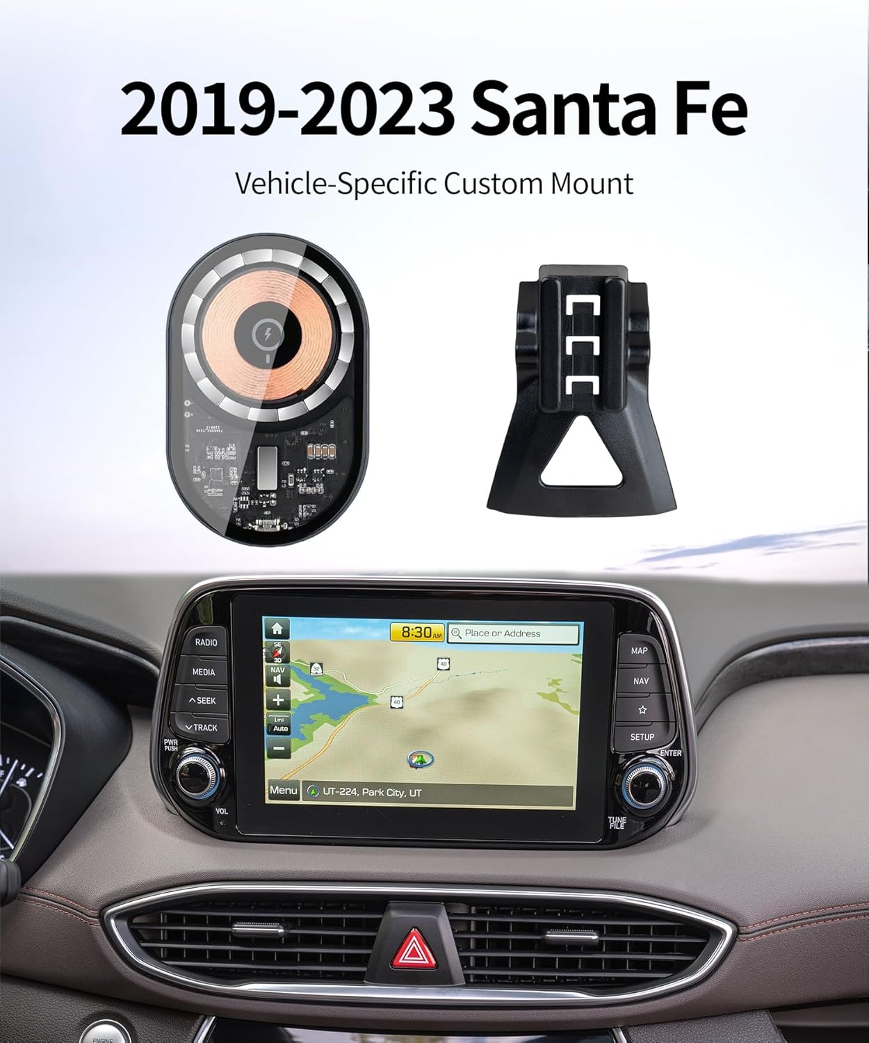 Wireless Charging car Phone Holder for Hyundai Santa Fe 2019-2023 Auto Accessories Navigation Bracket Interior Decoration Mobile Cell Phone Mount, 360° Rotation