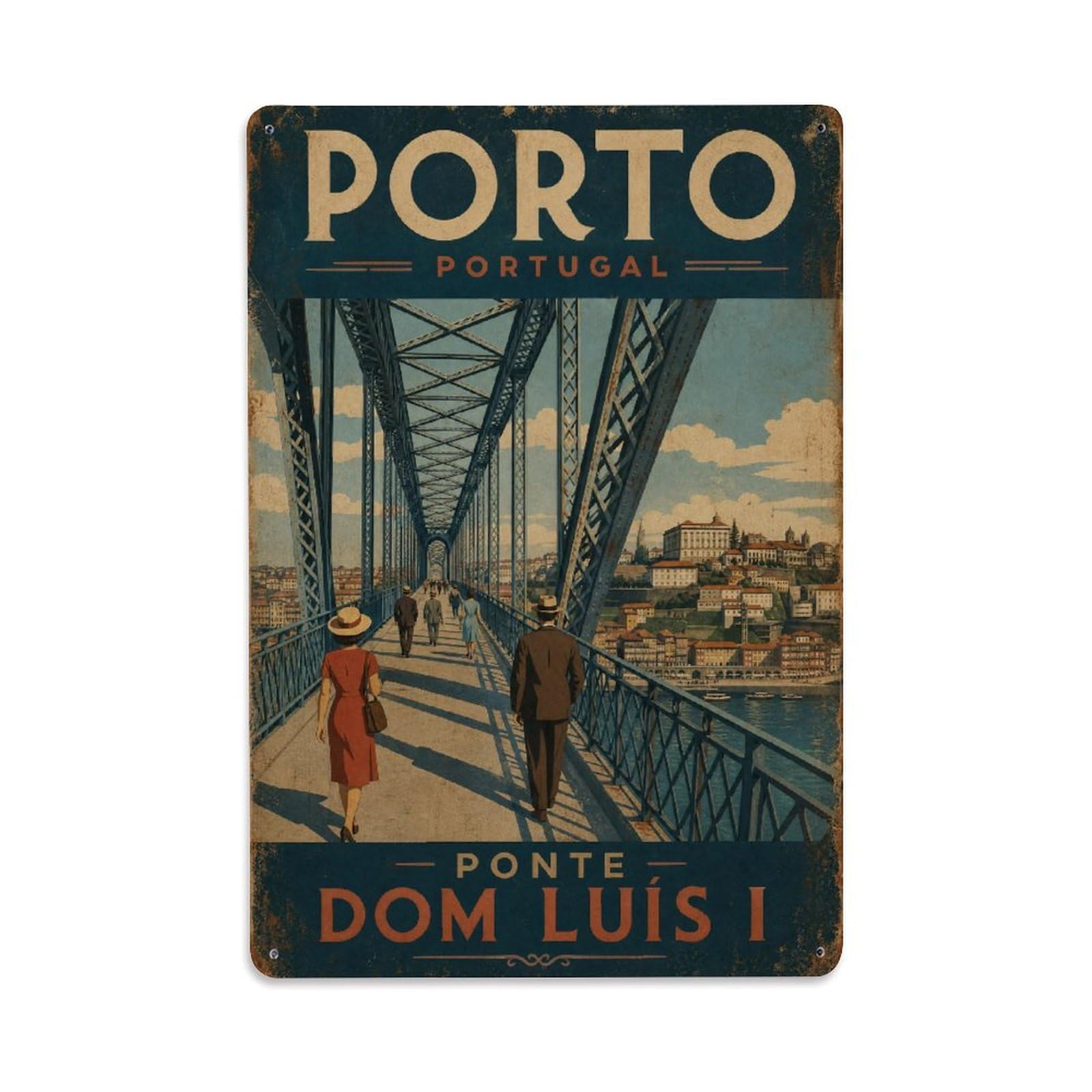 Huiyhb 8X12inch(20X30cm) Vintage Travel Dom Luis Bridge Upper Level Pedestrians Portugal Metal Tin Sign