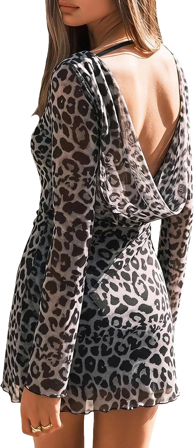 Verdusa Women's Animal Print Dress Draped Backless Mesh Mini Dresses Going Out Festival Rave Party Outfits