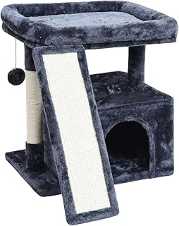 Kleiner Katzenbaum Turm für den Innenbereich - Stabile Höhle mit Kratzbaum, Sitzstange, Brett und Versteck für Kätzchen (Smoky Grey)