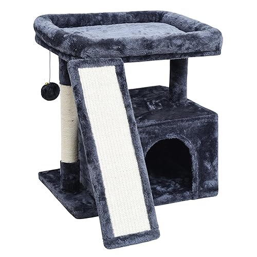 Small Cat Tree Tower for Indoor Use – Stable Condo with Scratching Post, Perch, Board, and Hideout for Kittens(Smoky Grey)