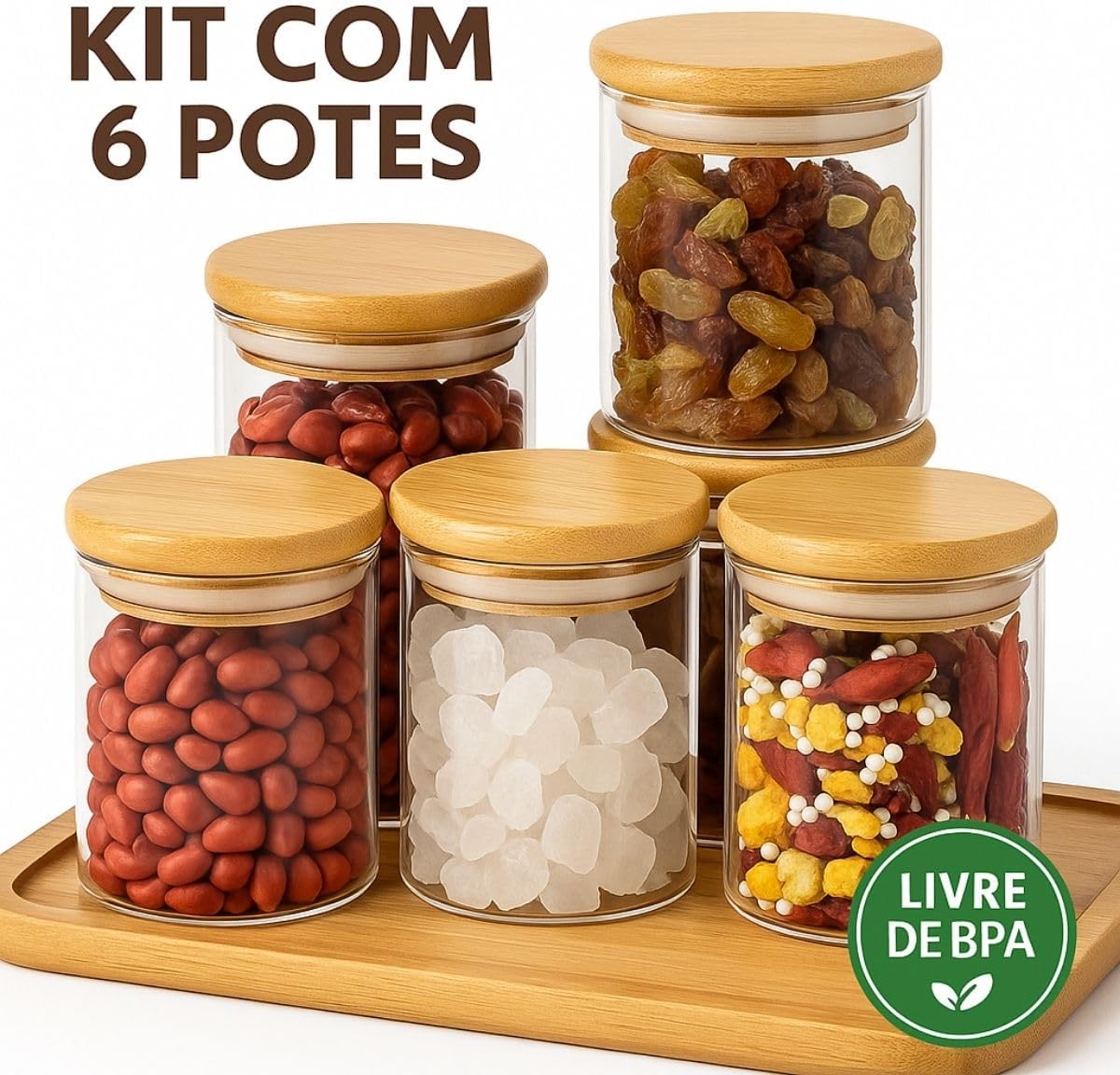 Kit 6 Potes de Herméticos 300ml Pote Redondo de Vidro para Mantimentos Temperos Premium