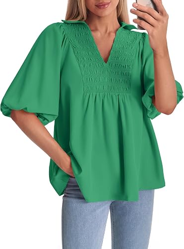 Cicy Bell Womens Summer Puff Sleeve Blouses Smocked V Neck Babydoll Peplum Casua