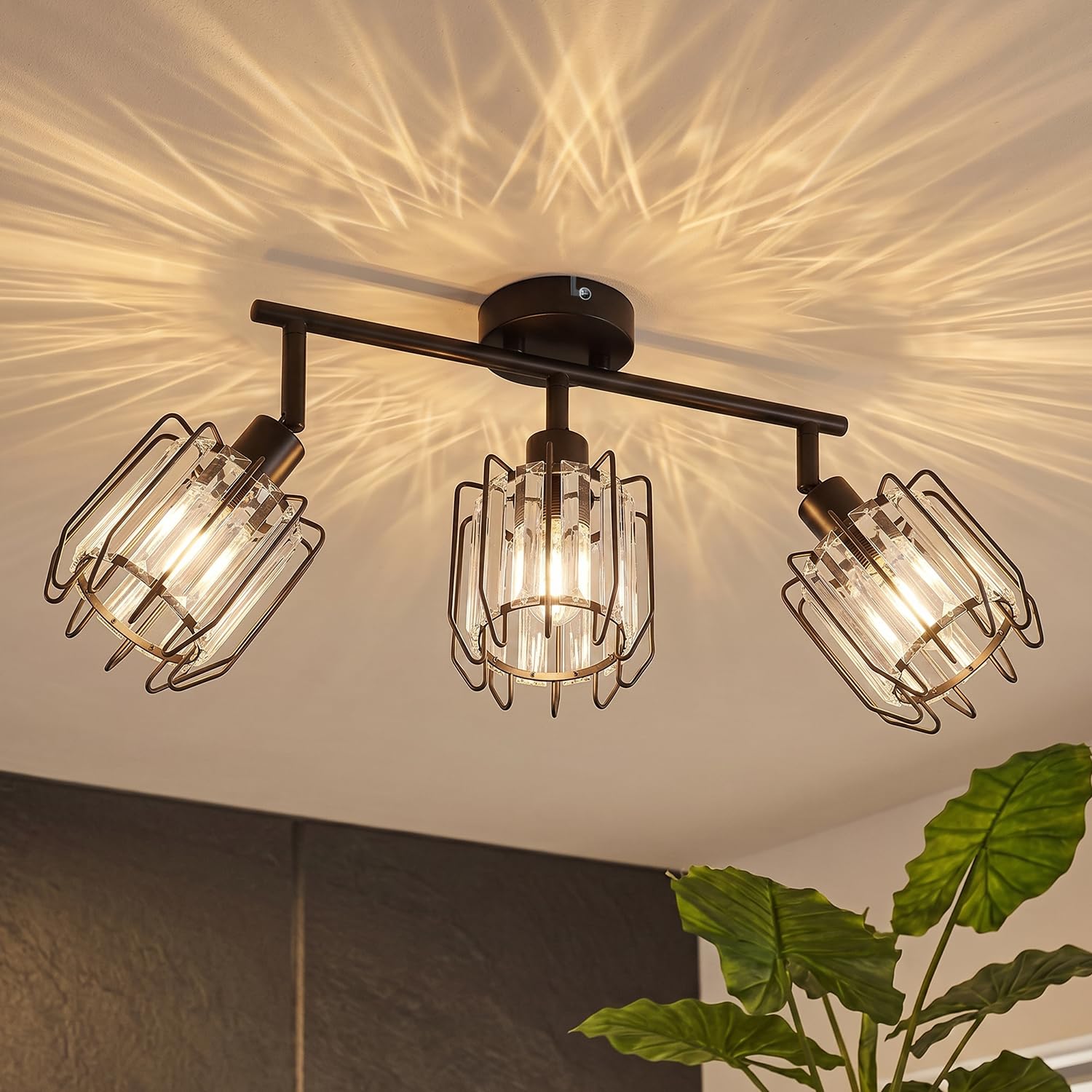 LVWIT Lampara Techo Con 3 Focos, Focos LED Interior Techo Giratorios E14, Lámparas de Techo Negro con Pantalla de Cristal, Foco de Interior Iluminación para Dormitorio,Pasillo, Recibidor(Sin Bombilla)