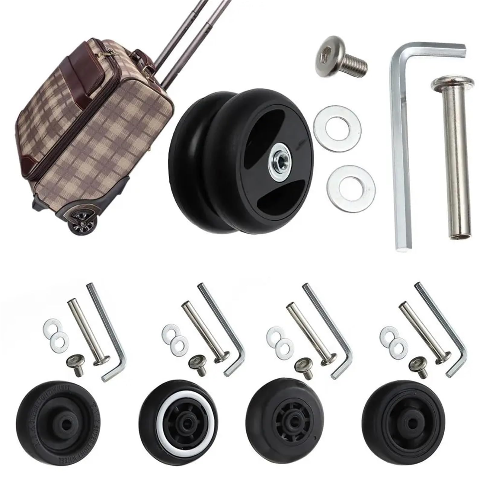 Ruote di ricambio per bagagli, 4 paia di ruote silenziose in PVC, kit di riparazione per valigie da viaggio e bagagli, parti di ricambio fai da te con viti, misura universale