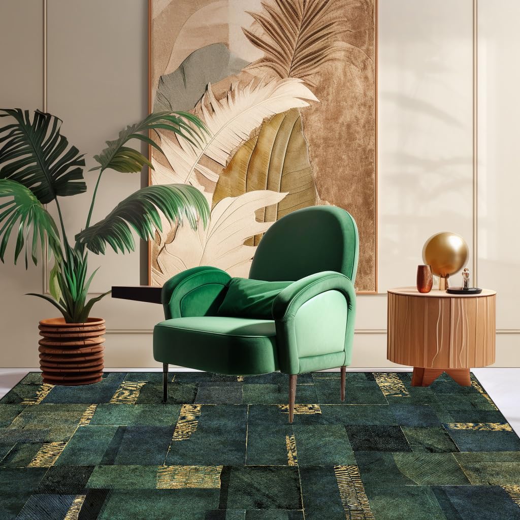 Tapis de salon lavable vert et or 140x200 cm pour sécuriser une chambre d'enfant