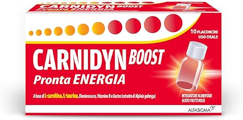 Carnidyn Boost, Integratore per Extra Energia, con Carnitina, Taurina, EnXtra (Alpinia Galanga), Eleuterococco e Vitamine B, Privo di Caffeina, Glutine e Lattosio, Gusto Frutti Rossi, 10 flaconcini Generico - integratore
