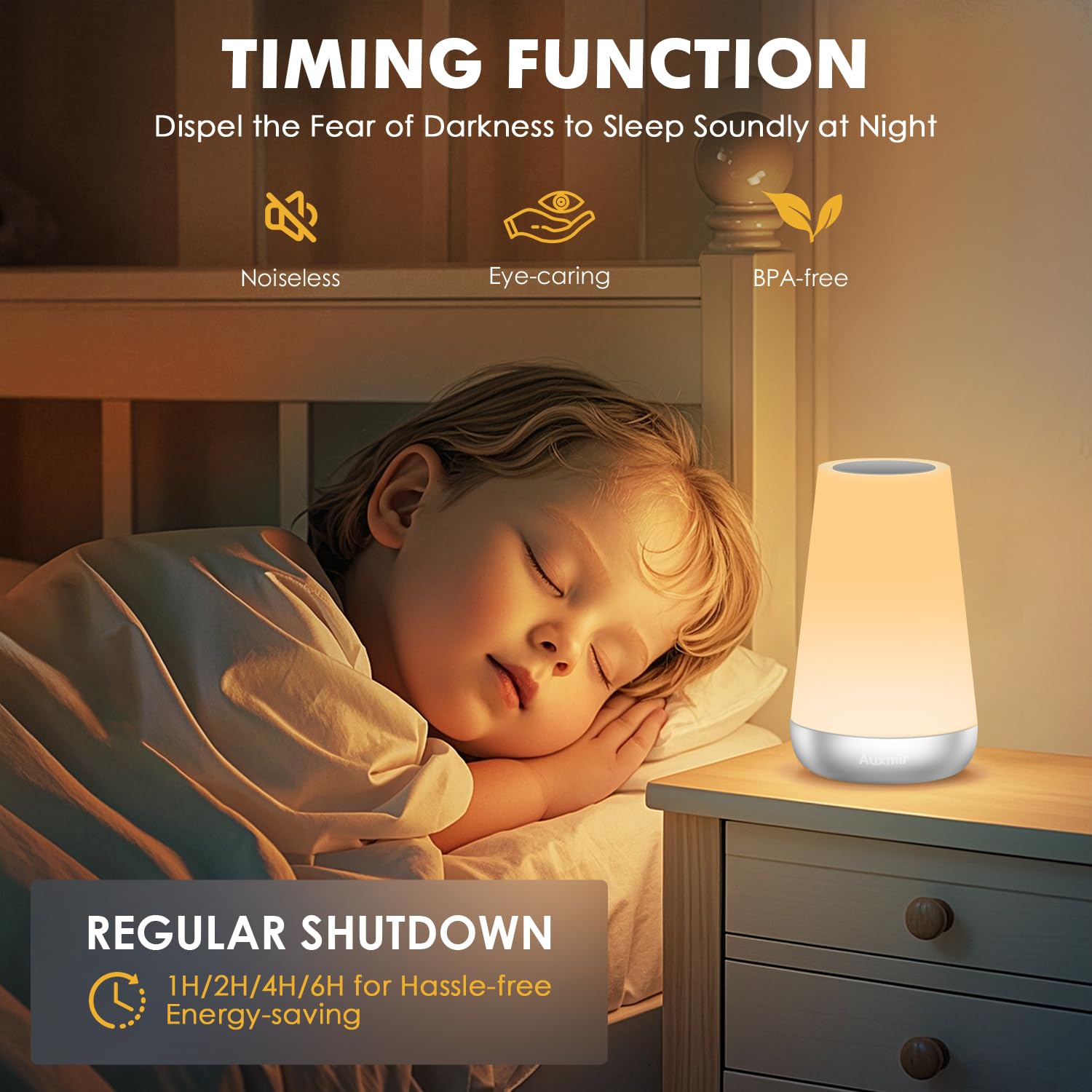 Auxmir Luce Notturna Bambini, Lampada da Comodino, Lampada LED Colorata con 13 Colori, Luminosità Regolabile, 3 Modi d’Illuminazione, Touch e Telecomando, Batteria Ricaricabile, Argento