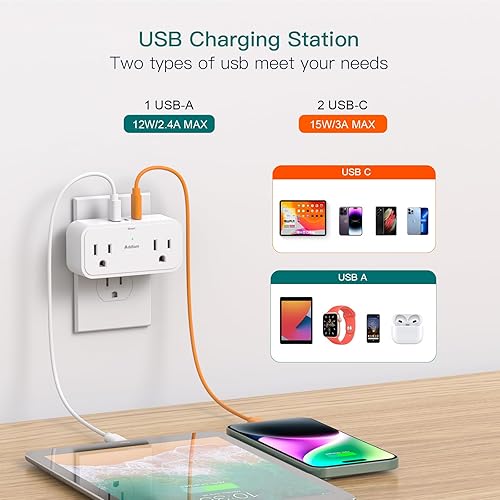Miniatura 5 de Extensor de salida de protección contra sobretensiones, divisor de enchufes múltiples con 4 tomas eléctricas, 3 puertos USB (2 USB C de 3 caras,
