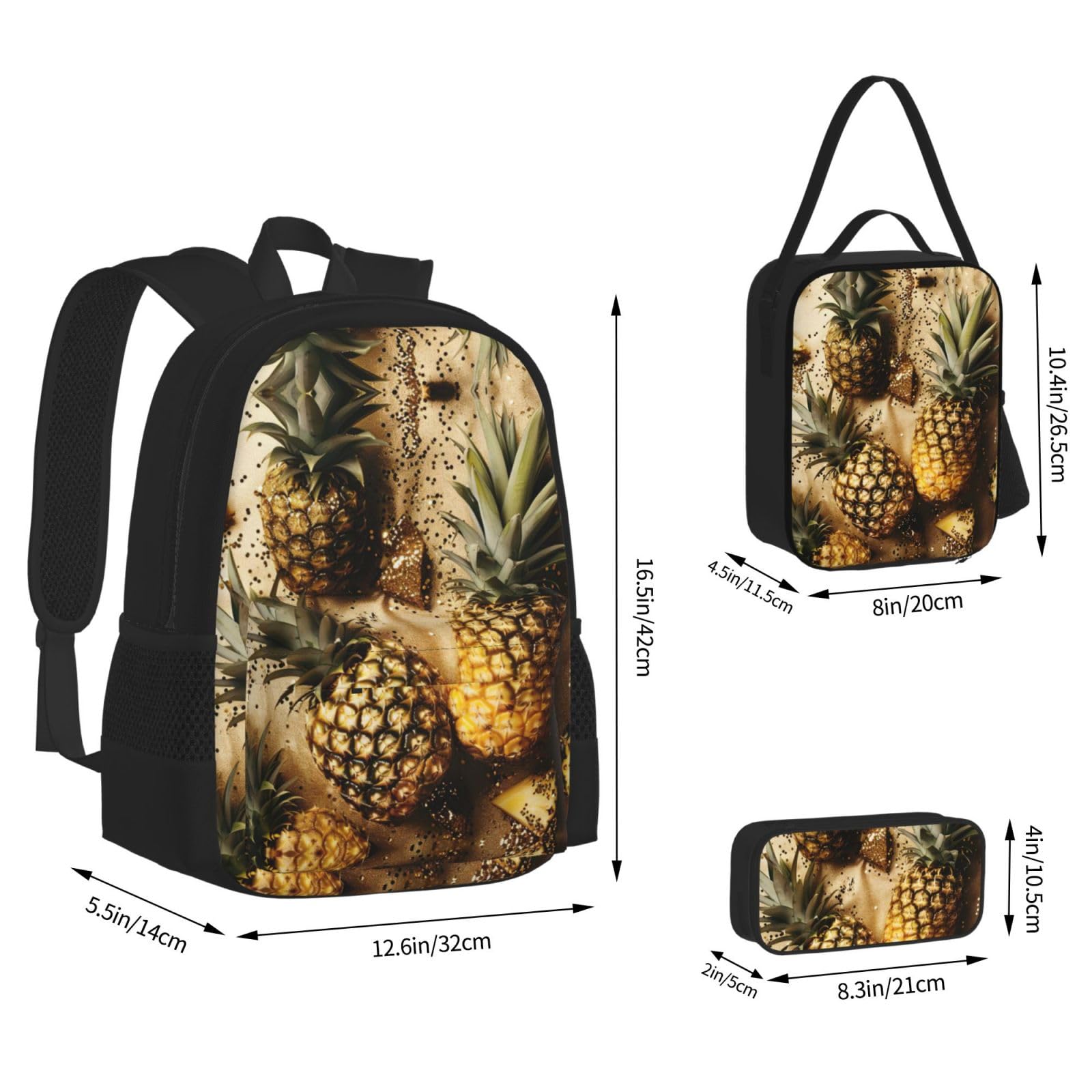 Zainetto con ananas e frutta, 3 pezzi, 40,6 cm, per la scuola, con scatola per il pranzo, grandi zaini per la scuola elementare, Nero , Taglia unica, Set di zaini per la scuola