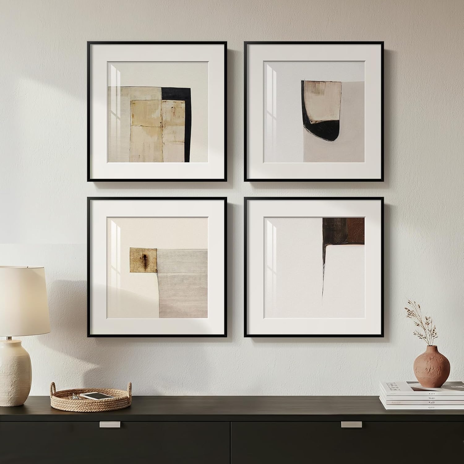 4 Piece Framed Neutral Abstract Wall Art Set, Tan and Black Geometric Modern Pictures Prints, Minimalist Luxury Paintings Artwork for Bedroom, Bathroom, Hallway and Living Room 12x12 Inch