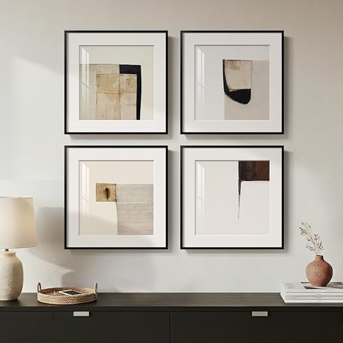 4 Piece Framed Neutral Abstract Modern Wall Art for Living