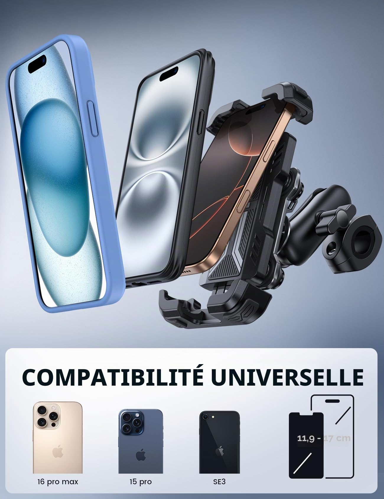 Lamicall Support Téléphone Moto Antivol Double Anti-Vibration Bras Extension Métal pour Guidon Vélo 360° Pivotant iPhone 16 15 14 4,7-6,7"