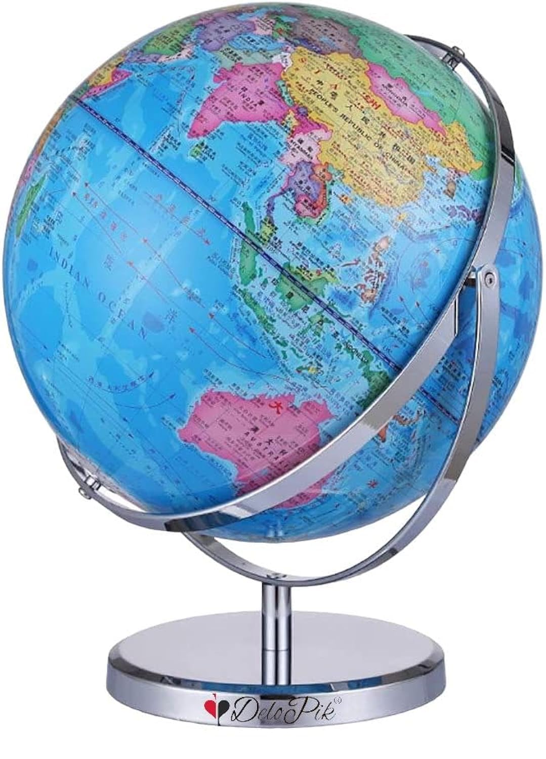 Delopik 20cm World Globe Political Map Globe - English Map - Educational;Geographic;Modern Desktop Decoration - Stainless Steel Arc And plastic Base - School, Home,Office FR168(stainless B)