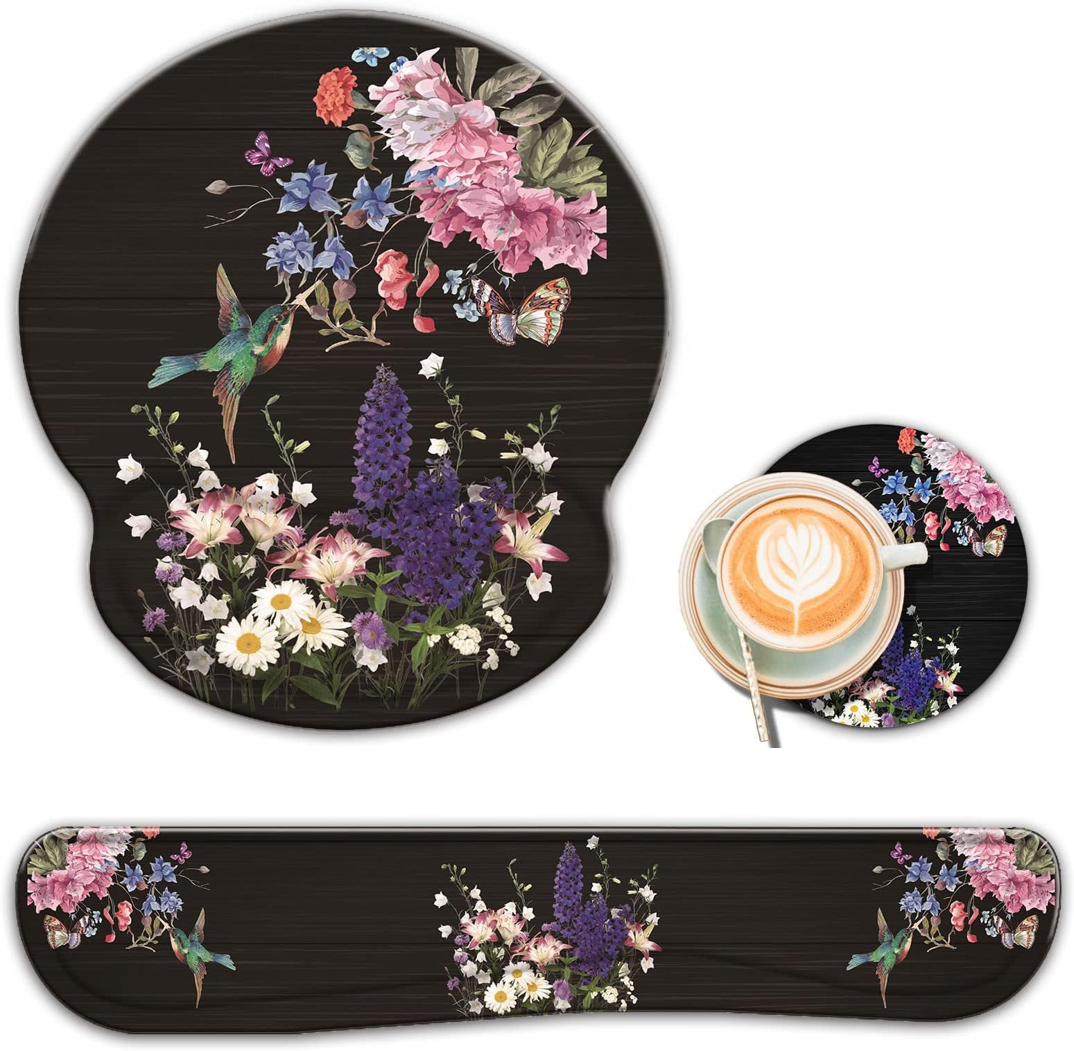 Keyboard Wrist Rest and Ergonomic Mouse Pad with Wrist Support Set,Non-Slip PU Base Matching Cute Coaster ,for Home and Office,Hummingbird and Flower