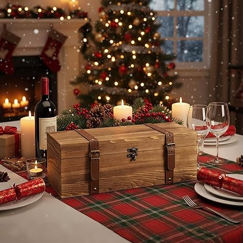 Miniatura 3 de MyGift Wooden Wine Gift Box, Whiskey Box with Locking Latch & Leather Straps, for Christmas, Wedding Champagne, Beer,Vintage Rustic Brown, 14x5x5