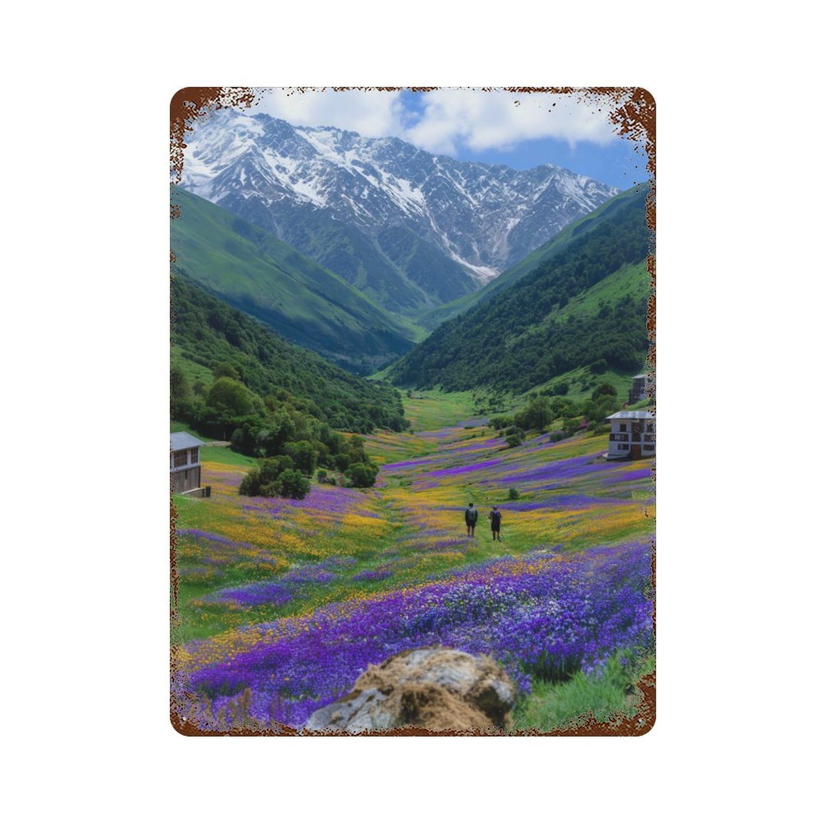 Mountain Valley with Flowers Distressed Metal Wall Sign 15.7"x11.8", Shabby Chic Decor for Garage, Pub Or Kitchen