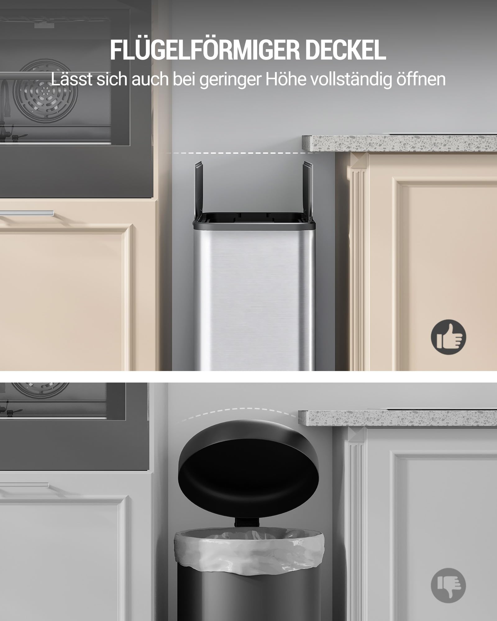 Hzuaneri Mülleimer Küche, 2 x 28 Liter Mülleimer Schmal, Mülltrennsystem mit Herausnehmbarem Inneneimer, Inklusive 15 Spezial-Müllbeuteln, Silber SW22899E