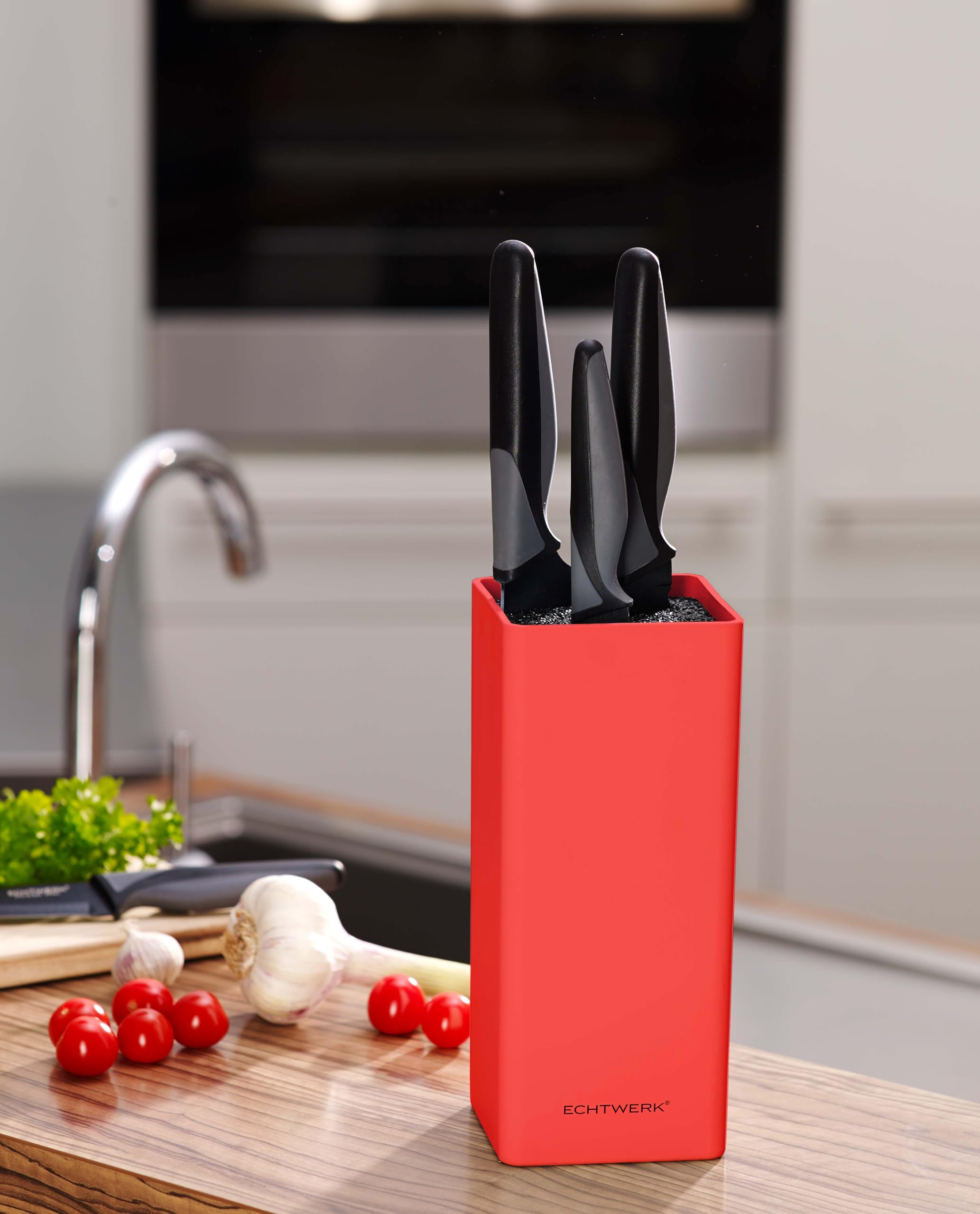 ECHTWERK Ceppo universale quadrato per coltelli, portacoltelli, organizzatore per coltelli da cucina, pratico supporto, contenitore salvaspazio per coltelli con inserto in setola, rosso, 30 cm