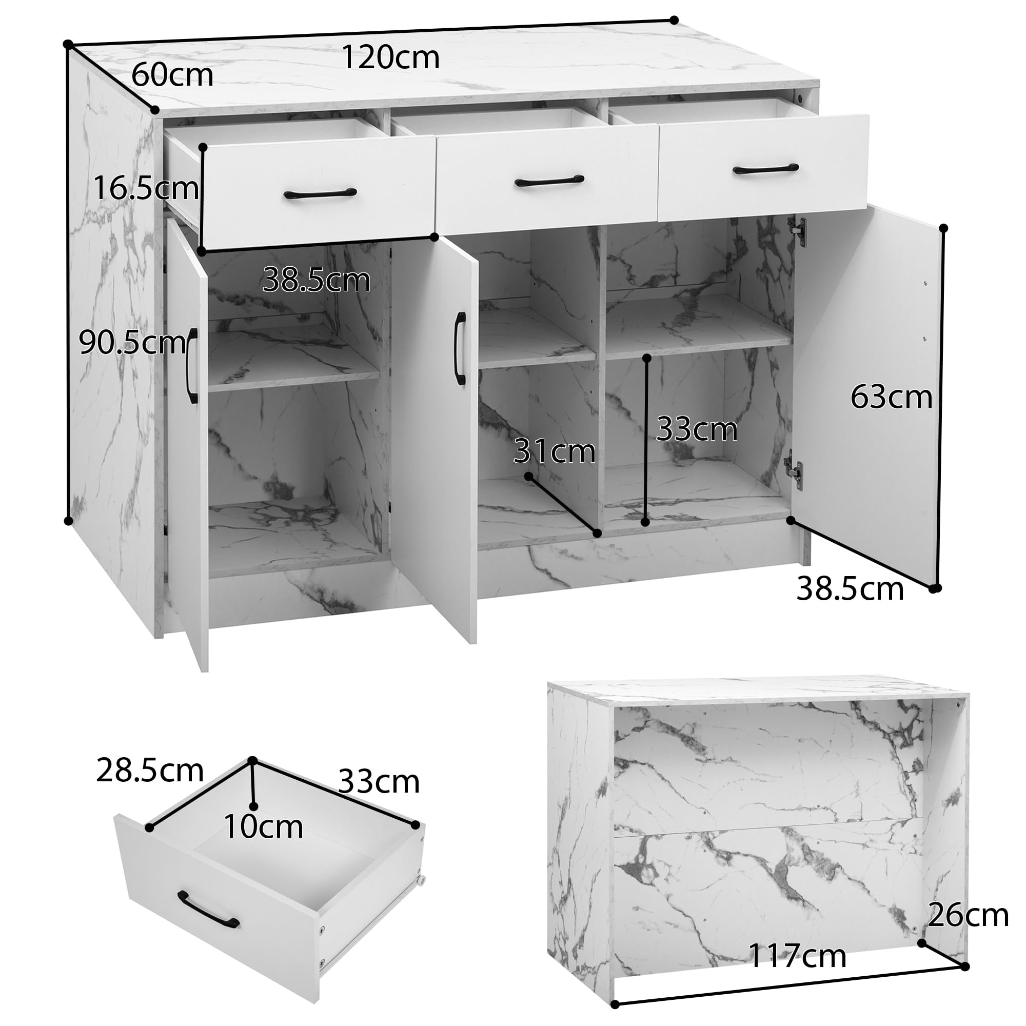 Gran Isla de Cocina, Mueble de mármol con Espacio de Almacenamiento, Mesa de Comedor con 3 cajones y 3 Puertas, Carrito de Bar, 120x60x90,5 cm, Blanco