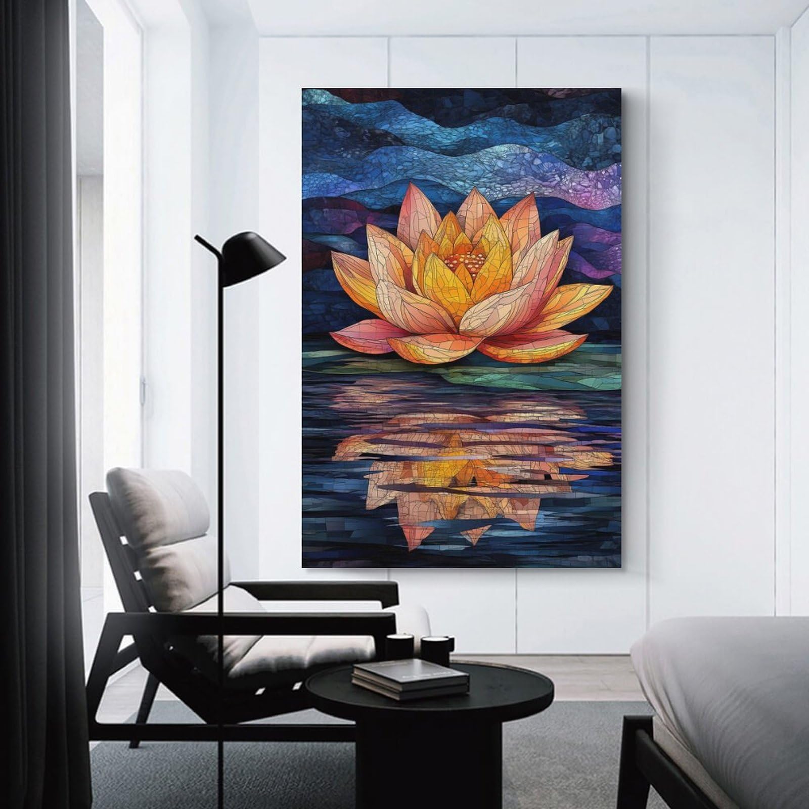 Junmoney Unframe-Style-8 Canvas Wall Art Water Lily Reflection Stained Glass Art, 24X36inch(60X90cm), For Bedroom, Lounge Or Dressing Area, Canvas Wall Decor For Personal Spaces