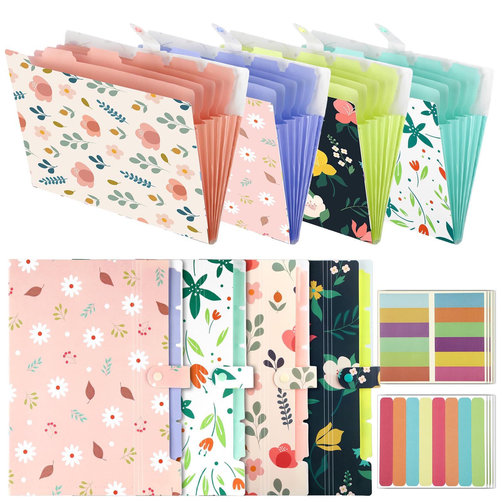 Zhanmai 8 Pcs Expanding File Folder Floral Printed File Organizer, A4 Folder with Pocket and Label Letter Size Folder Organizer for School Office Documents Receipt Paper Supplies
