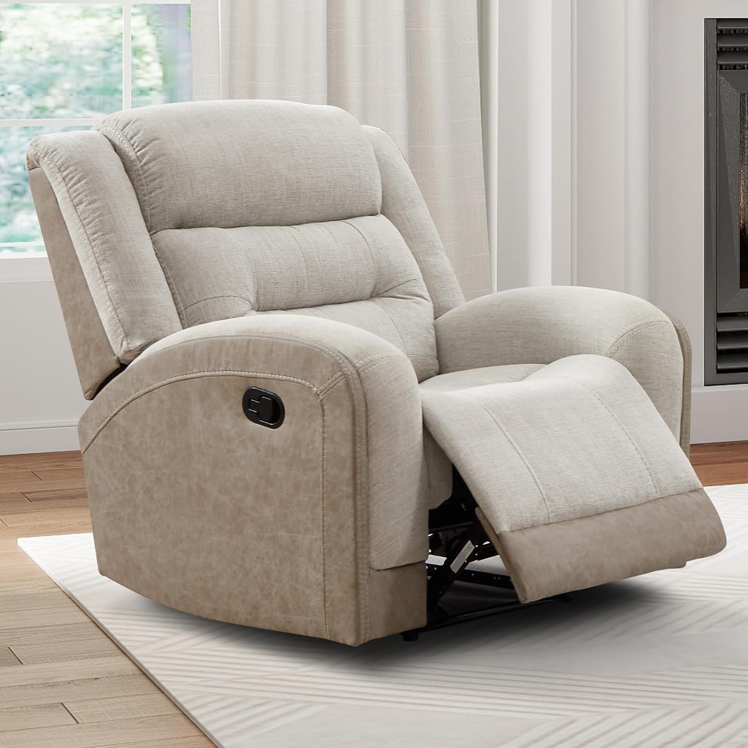 CANMOV Manual Recliner Chair for Living Room, Soft Fabric Single Reclining Sofa with Overstuffed Seat, Padded Headrest & Sturdy Footrest for Living Room Bedroom Home Theater, Two-Tone Beige