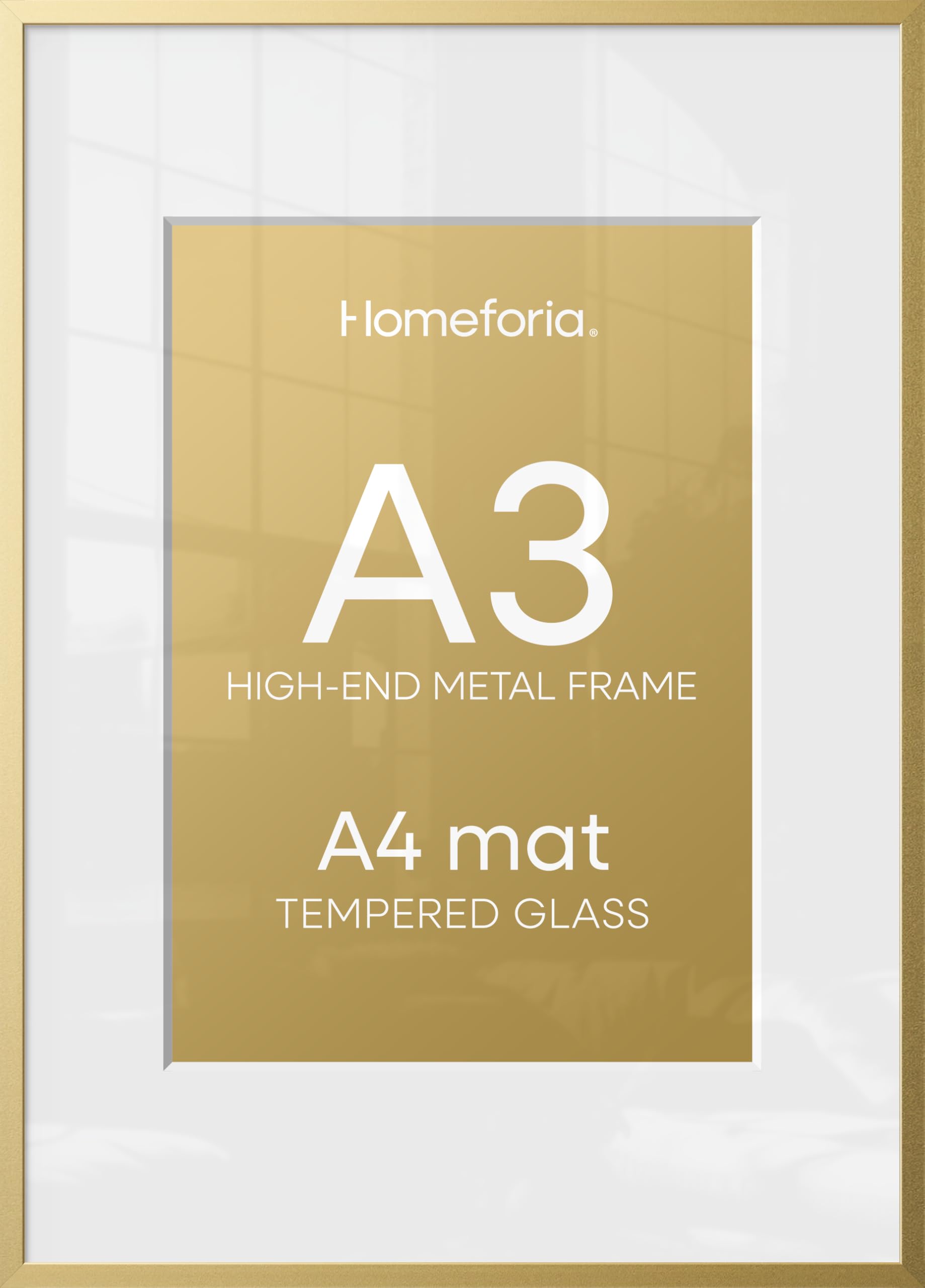 Homeforia A3 Gold Picture Frame, High-End Metal, A4 Mat, Glass | High End Aluminum, Tempered Glass, Acid-Free A4 Removable Mat, A3 Edge-to-Edge Display, Wall Kit, Set Of 1