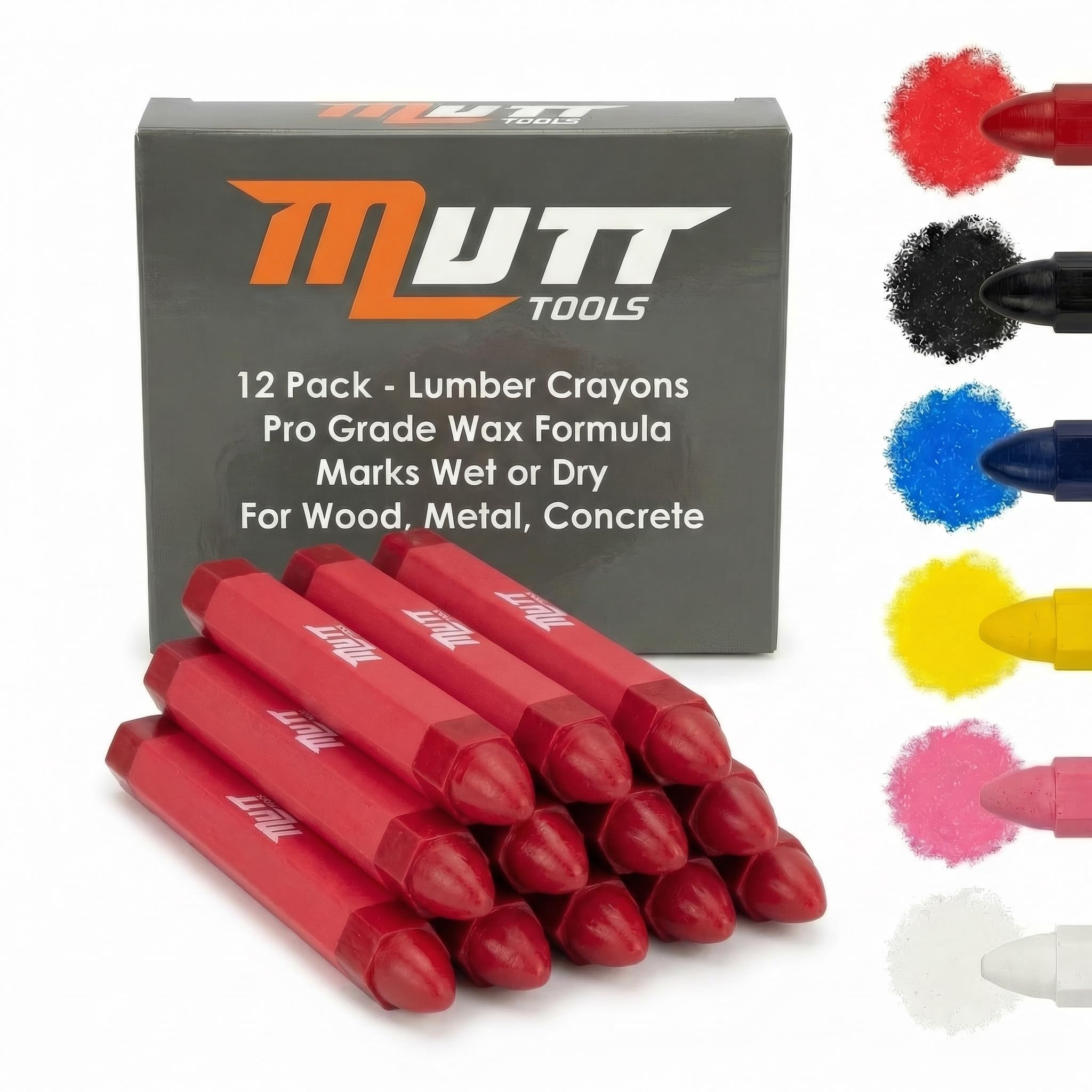 Mutt Tools Red Marking Crayons 12 Pack - Lumber Crayons for Construction - Bulk Red for Woodworking, Concrete, Metal - Construction Crayon Set, Crayones de Madera