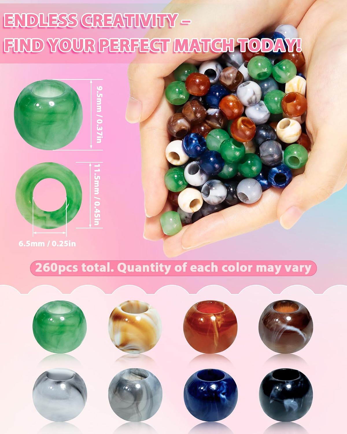 FIVEIZERO 260PCS Large Hole Hair Beads,12mm Acrylic Cloud Pop Pony Beads