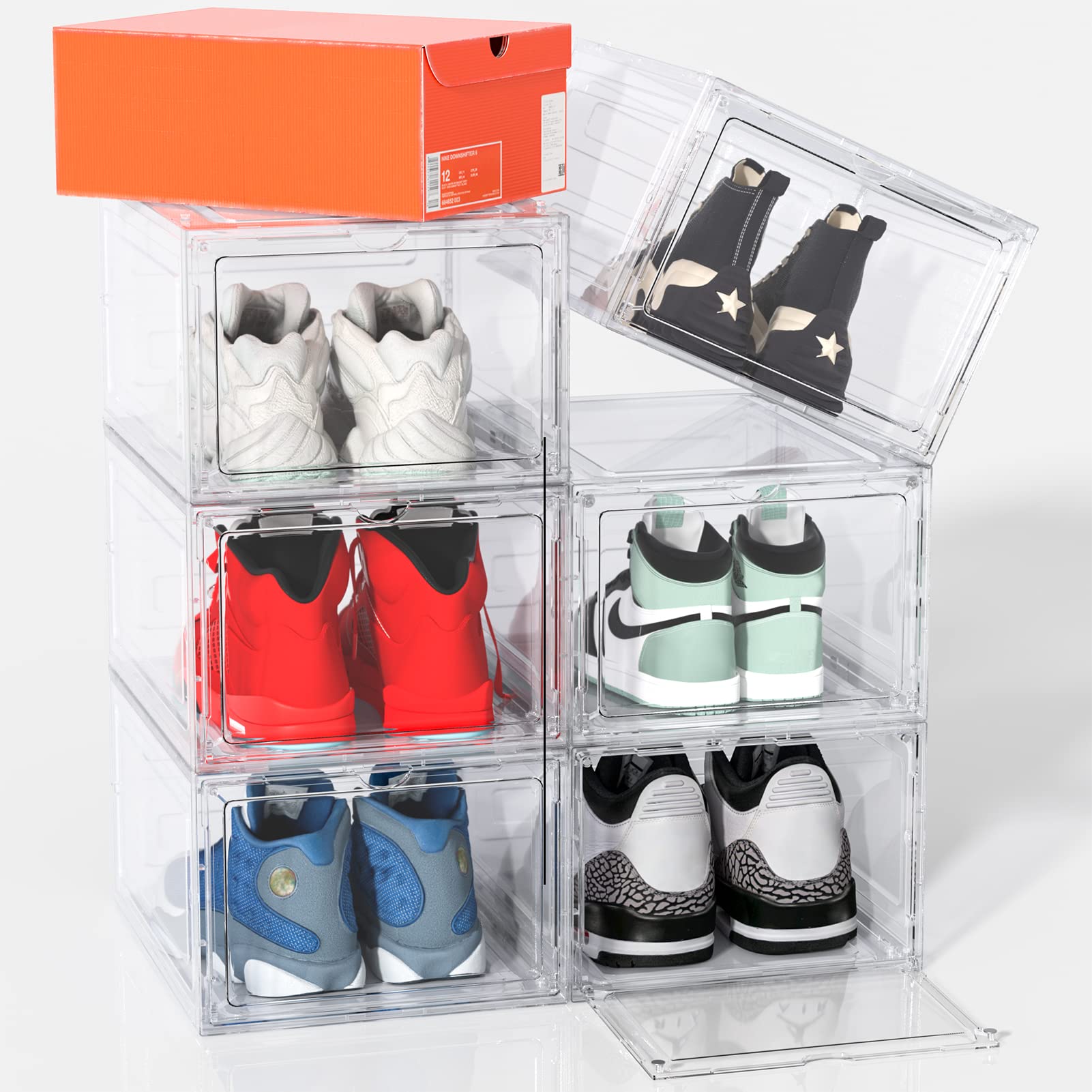 Shoe Organizer, 6 Pack Shoe Box Clear Plastic Stackable, Shoes Storage Boxes, Drop Front Shoe Organizer for Closet, Plastic Display Shoe Boxes, Shoe Containers for Sneaker Storage Up to US Size 12