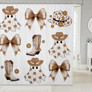 Erosebridal Halloween Ghost Bows Shower Curtain Set, Western Cowboy Boot Hat Bathroom Decor for Kids, Cute Floral Bow Tie Bathroom Set 72 x 78 Inch | Preppy Bowknot Fabric Shower Curtain