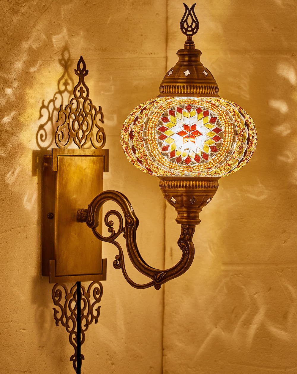 Demmex Brown-Amber Turkish Moroccan Mosaic Plug-In Lamp With Handmade Tiffany-Style Glass Globe, Ornate Brass Base, 5.2-Ft Cord, Brown & Amber