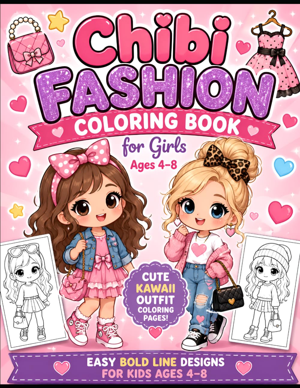 Chibi Fashion Coloring Book for Girls Ages 4–8 | Cute Kawaii Outfit Coloring Pages | Easy Bold Line Coloring Book for Kids: Cute Kawaii Outfit ... | Easy Bold Line Designs for Kids Ages 4–8