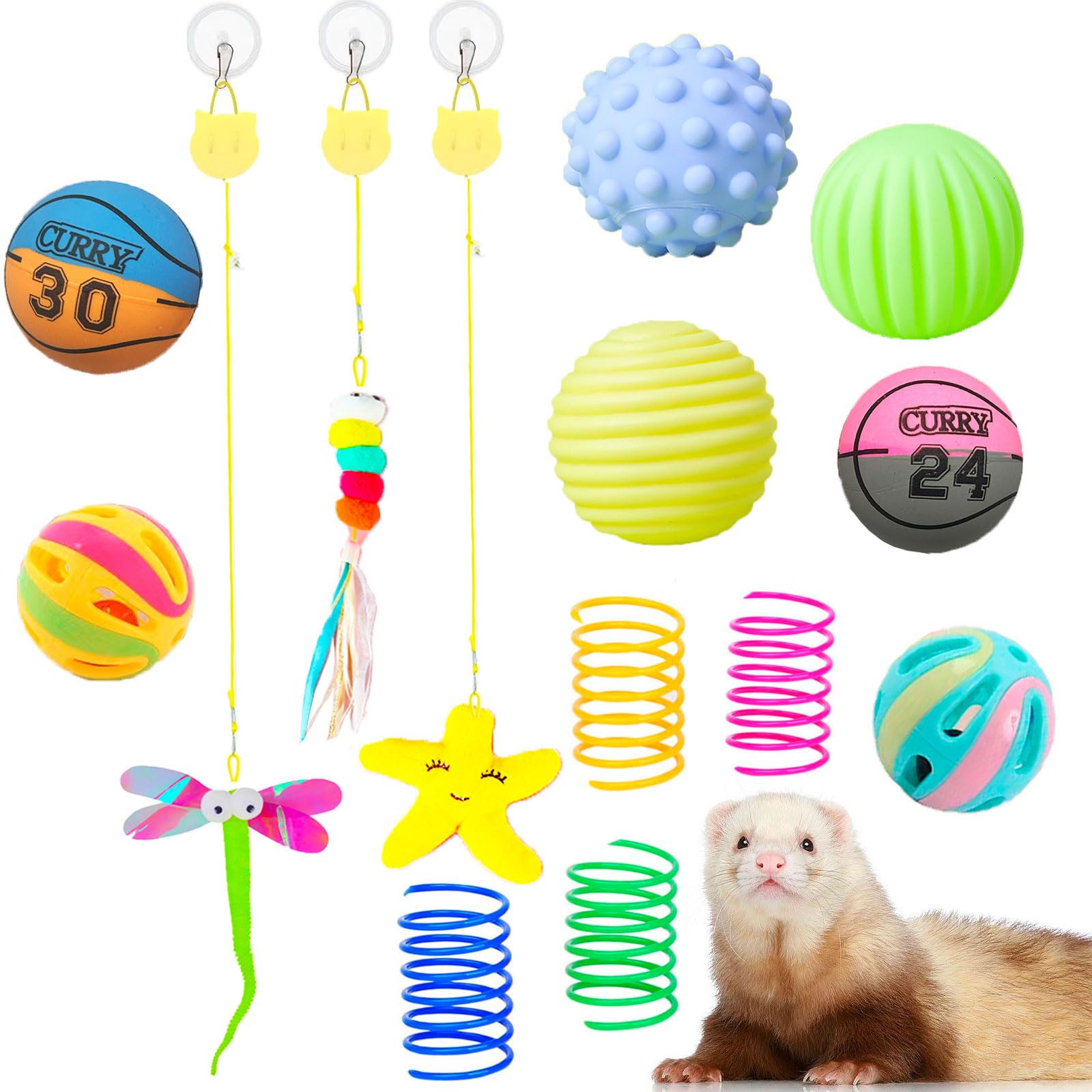 14 Stück Frettchen Quietschspielzeug Set Gummibälle Frettchen Zähne Schleifen Kaubälle Zahnen Hüpfglocke Ball Interaktiver Sound Quietscher Spielzeug Übung Kratzspielzeug für Frettchen Haustier Katze