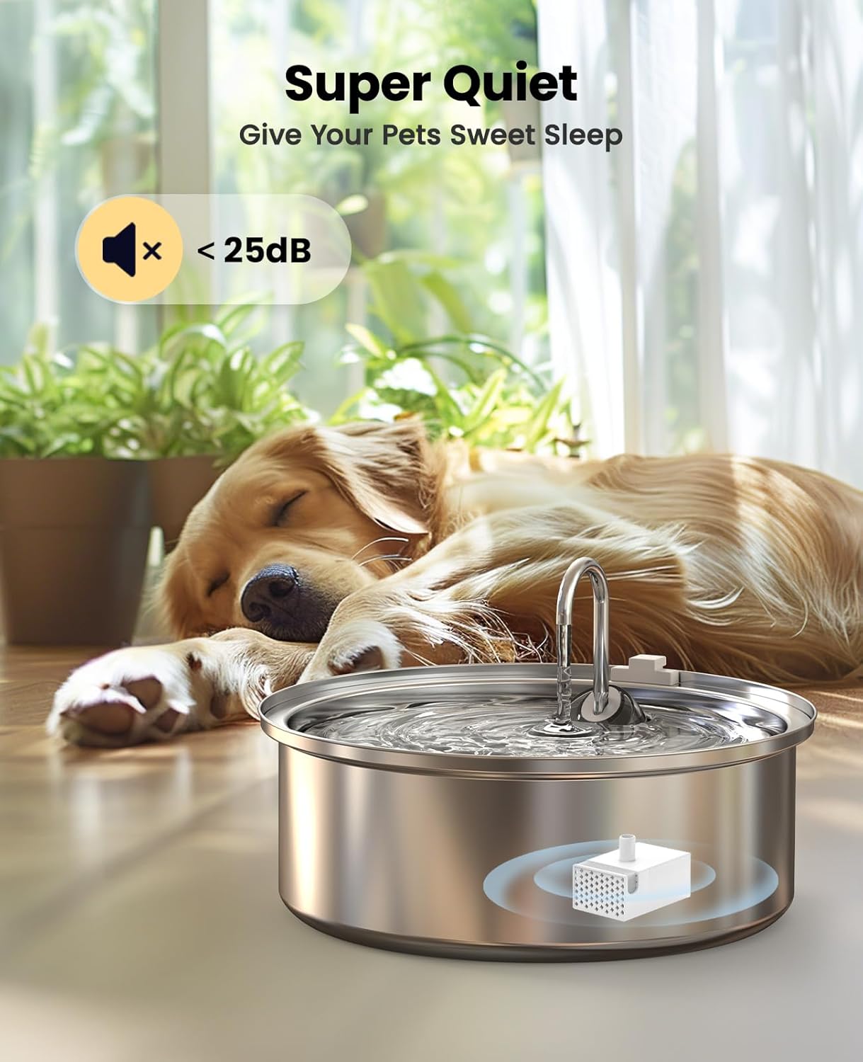 Dog sleeping peacefully next to a quiet oneisall dog water fountain