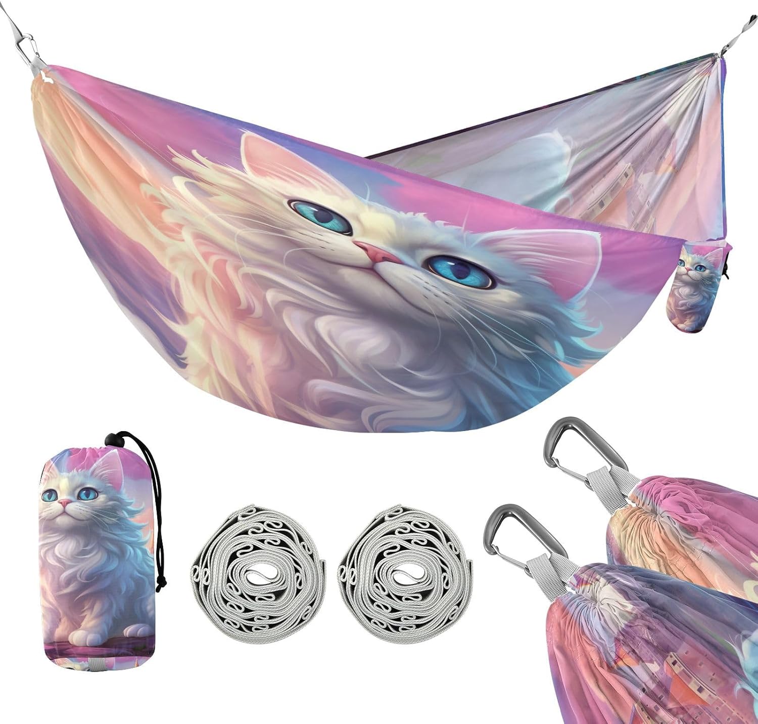 ALAZA Cat Kitten Cartoon Camping Hammocks Single or 2 Person 500 lbs Portable Parachute Travel Hammock w/Tree Straps for Hiking Backpacking Indoor Outdoor