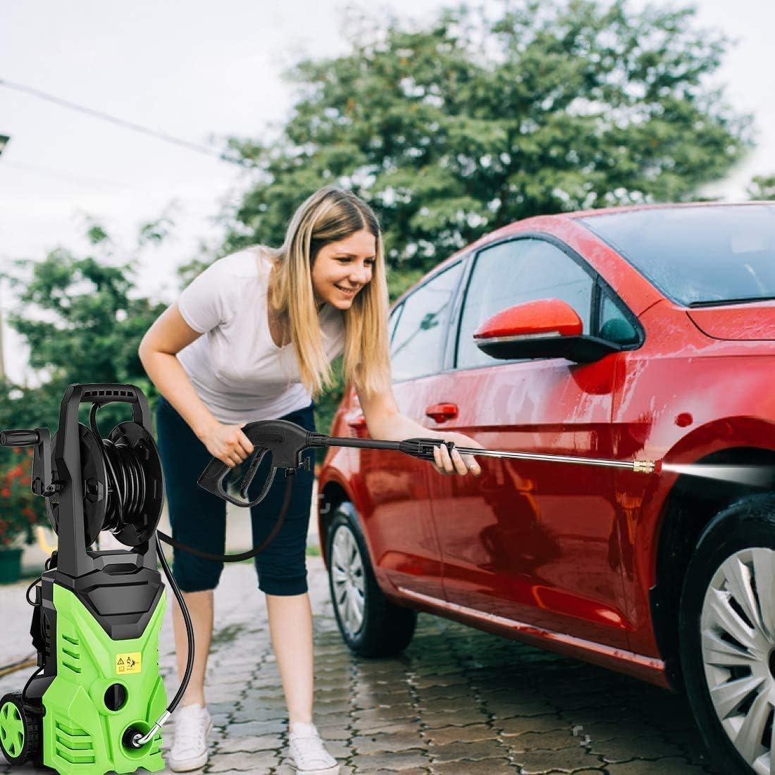 🛒 Crazy Deals Pressure Washer Homdox Electric Pressure Washer, High Car Pressure Washer, Power Washer with with Hose Reel & Detergent Tank & 5 Nozzles (HM5083, Green)