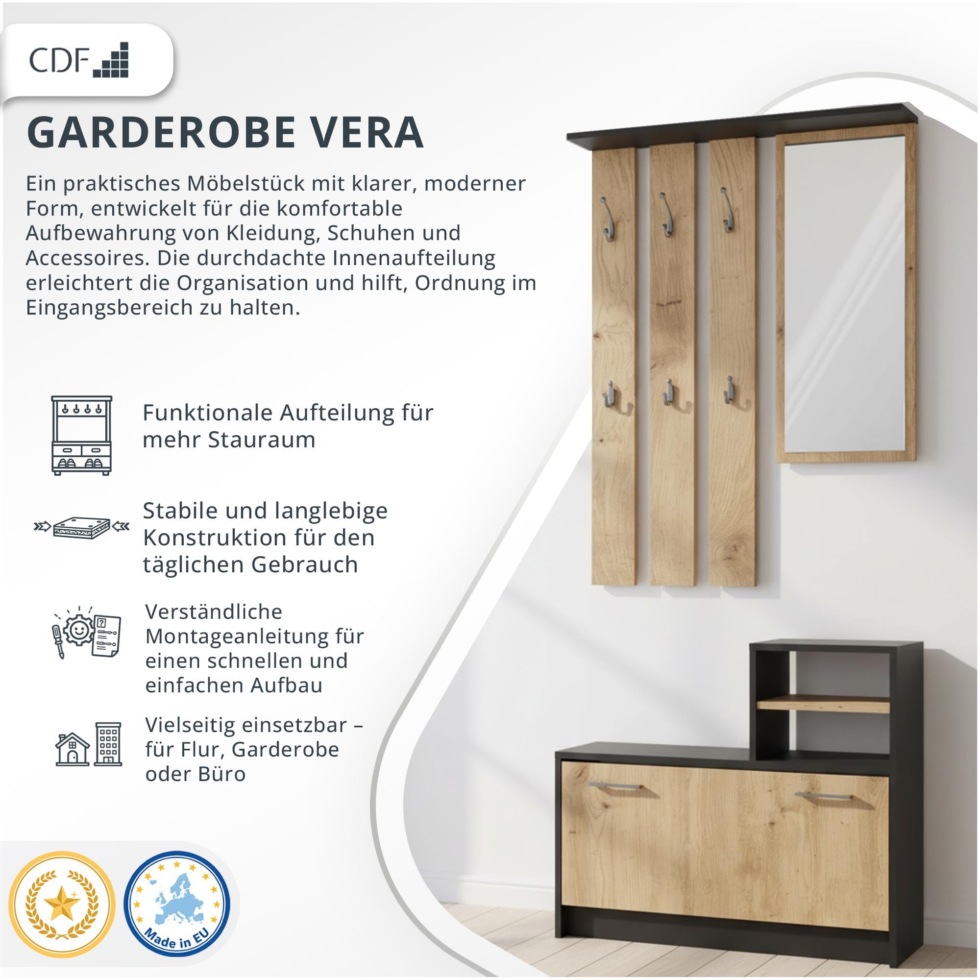 CDF Garderobe-Set Flurmöbel mit Spiegel und Schuhschrank 85x24x180 cm Anthrazit/Eiche Artisan