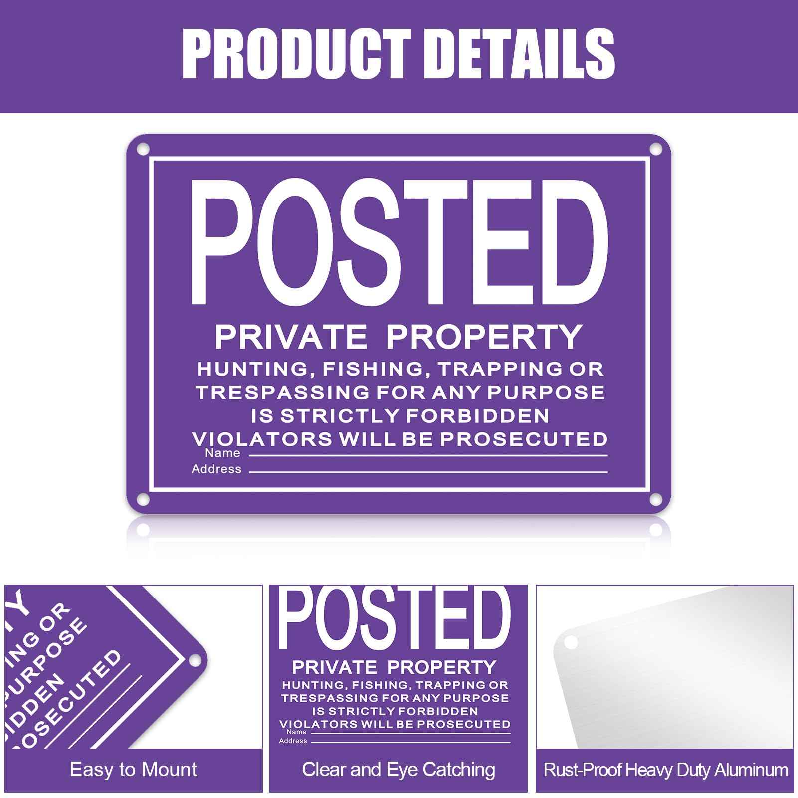 Tandefio 40 letreros reflectantes de aluminio para propiedad privada, resistentes a la intemperie, resistentes a desgarros, alta visibilidad para advertencia, no caza, pesca, atrapamiento (morado, 10