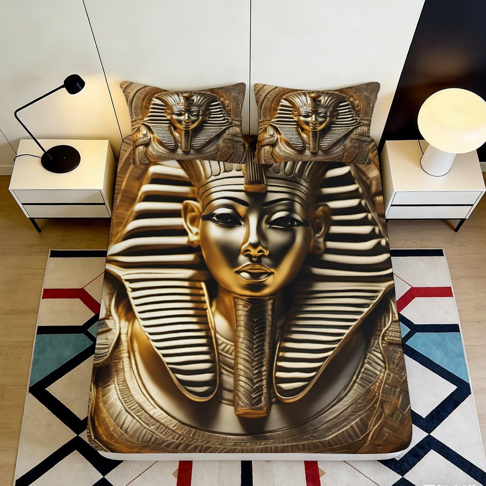 3D Printed Egyptian Pharaoh Fitted Sheet Microfiber Deep Pocket Bedroom Bedding Egyptian Design Mattress Fitted Cover Non-Slip Full Wrap Washable 200x200x25cm 90x200x25cm