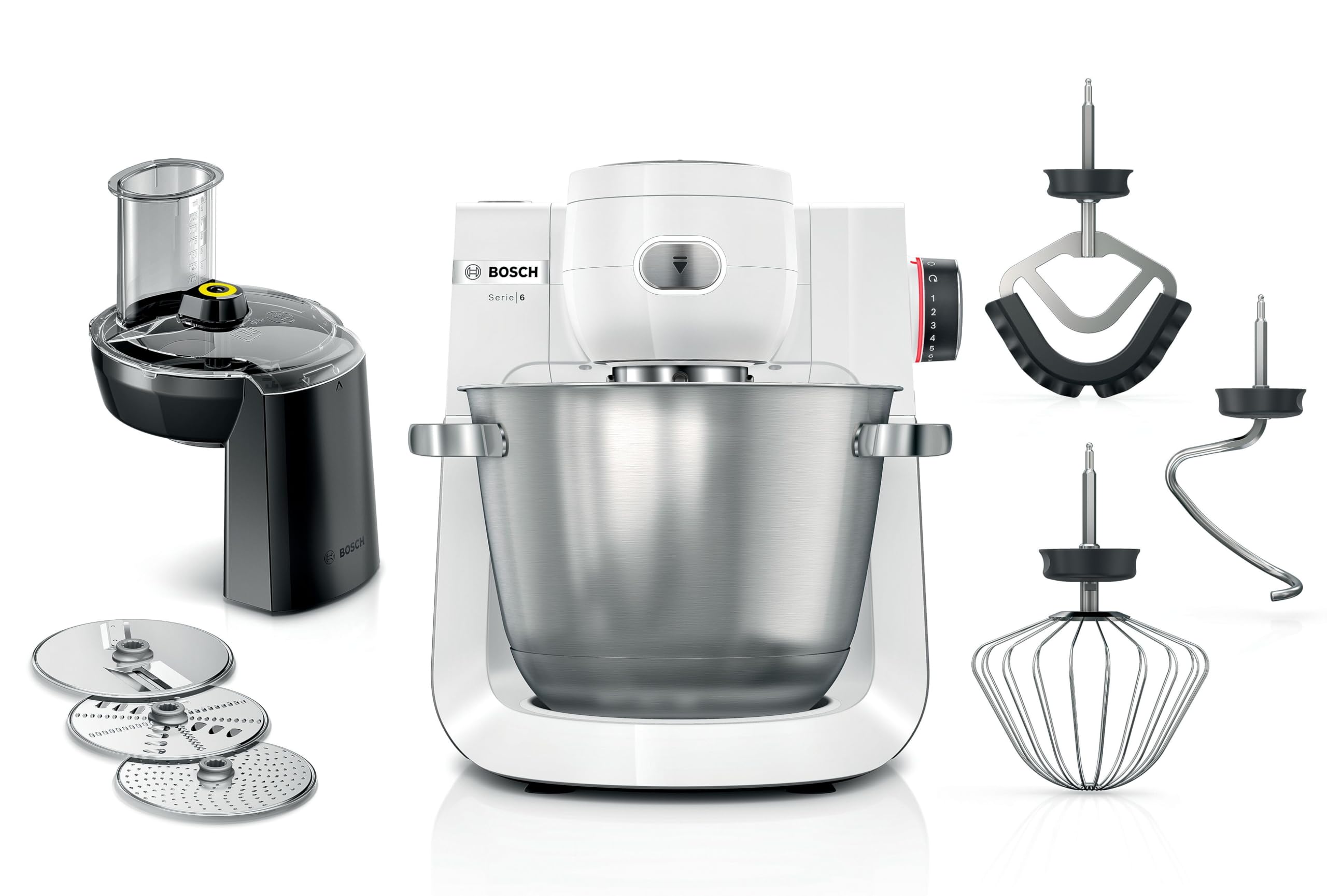 Bosch - Robot da cucina serie 6, tecnologia a sensore con bilancia precisa da 1 g, 1600 W, ciotola in acciaio inox da 5,5 l, timer, intagliatore passante, bianco/acciaio inox spazzolato