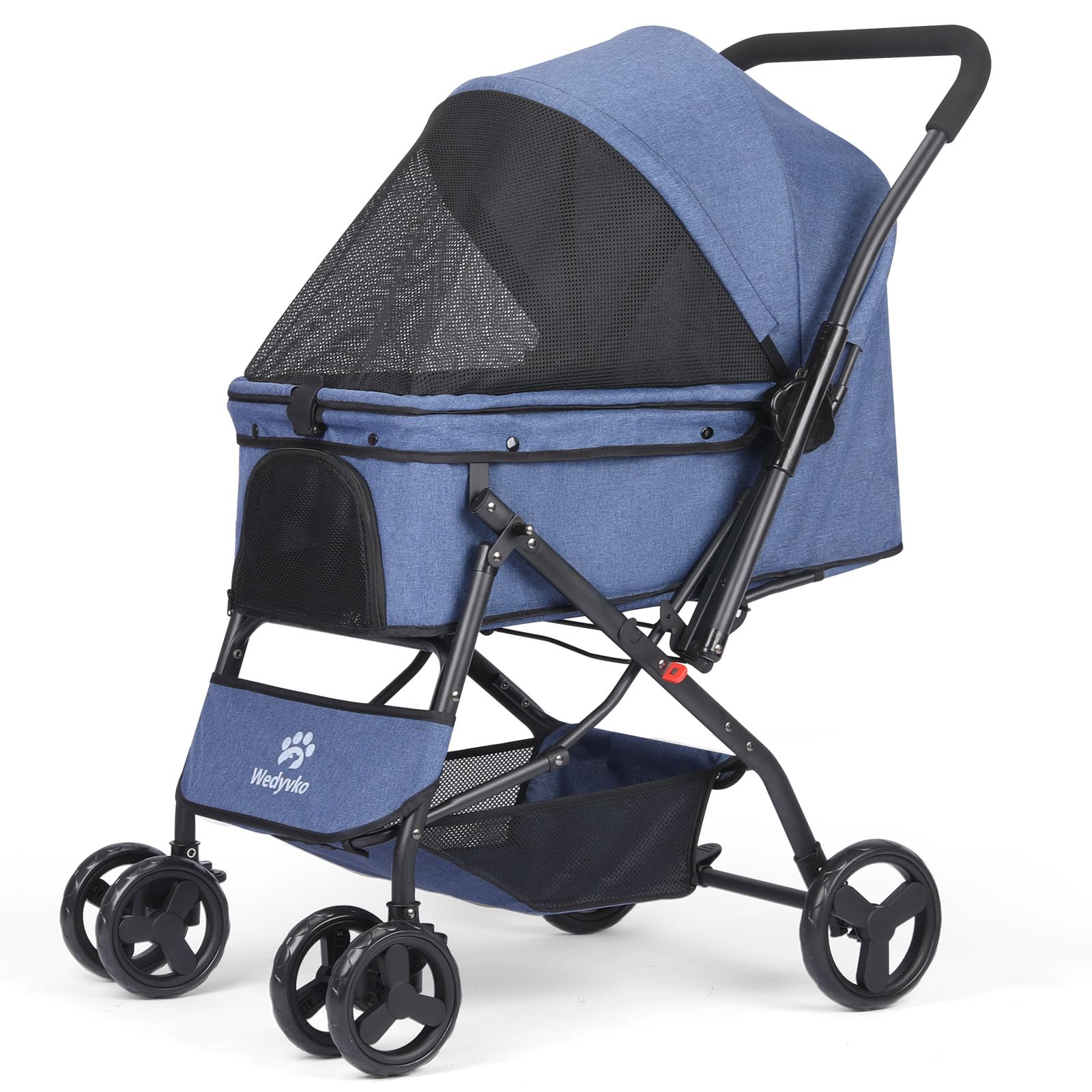 Pet Stroller, Foldable with Storage Basket - 360° Front & Rear Wheel with Brake for Small Medium Dogs and Cats in Navy